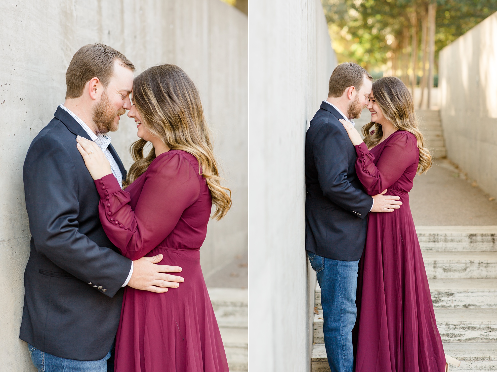 groom makes bride laugh during Kimball Art Museum engagement photos