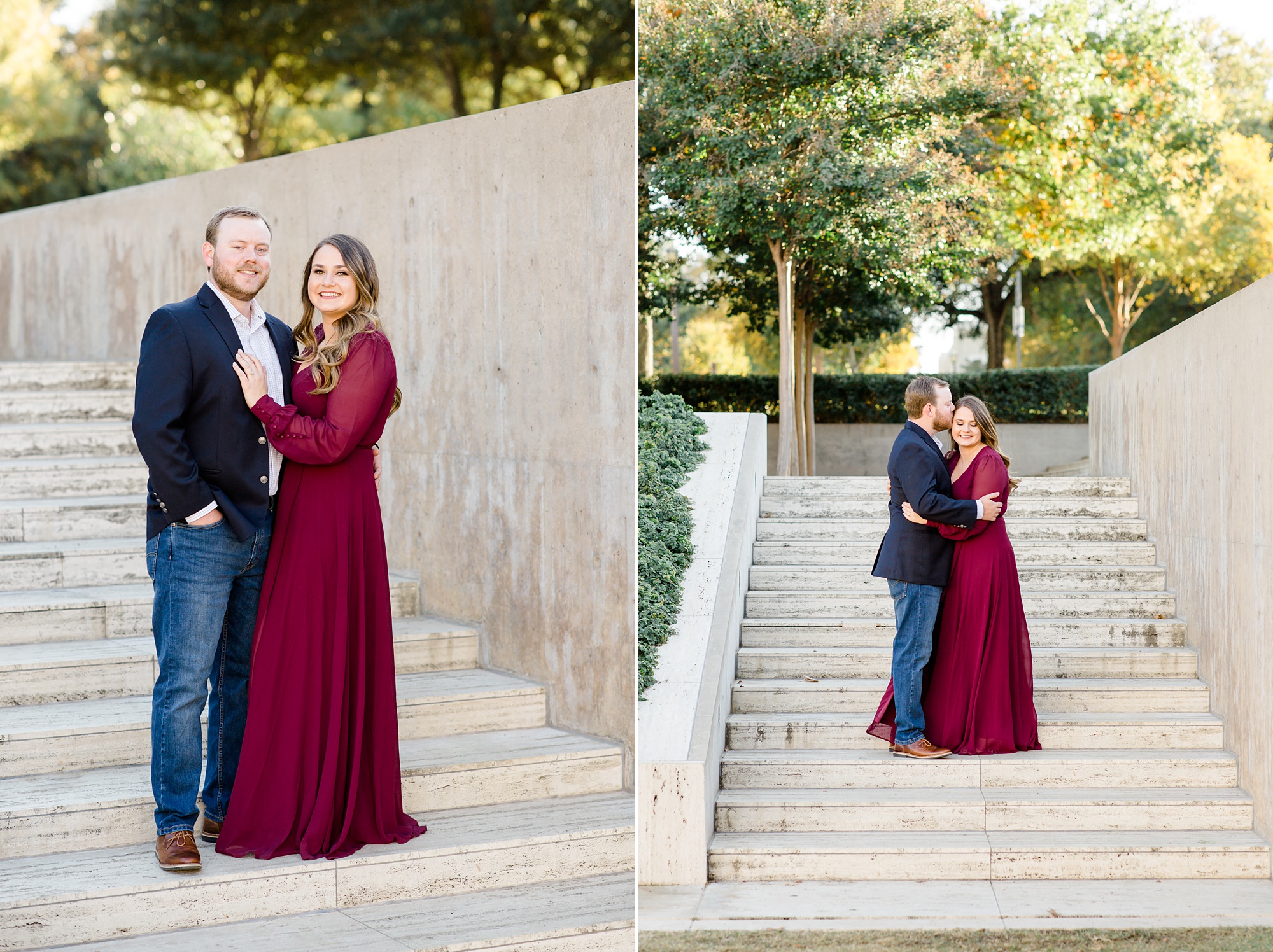 engaged couple poses at Kimball Art Museum