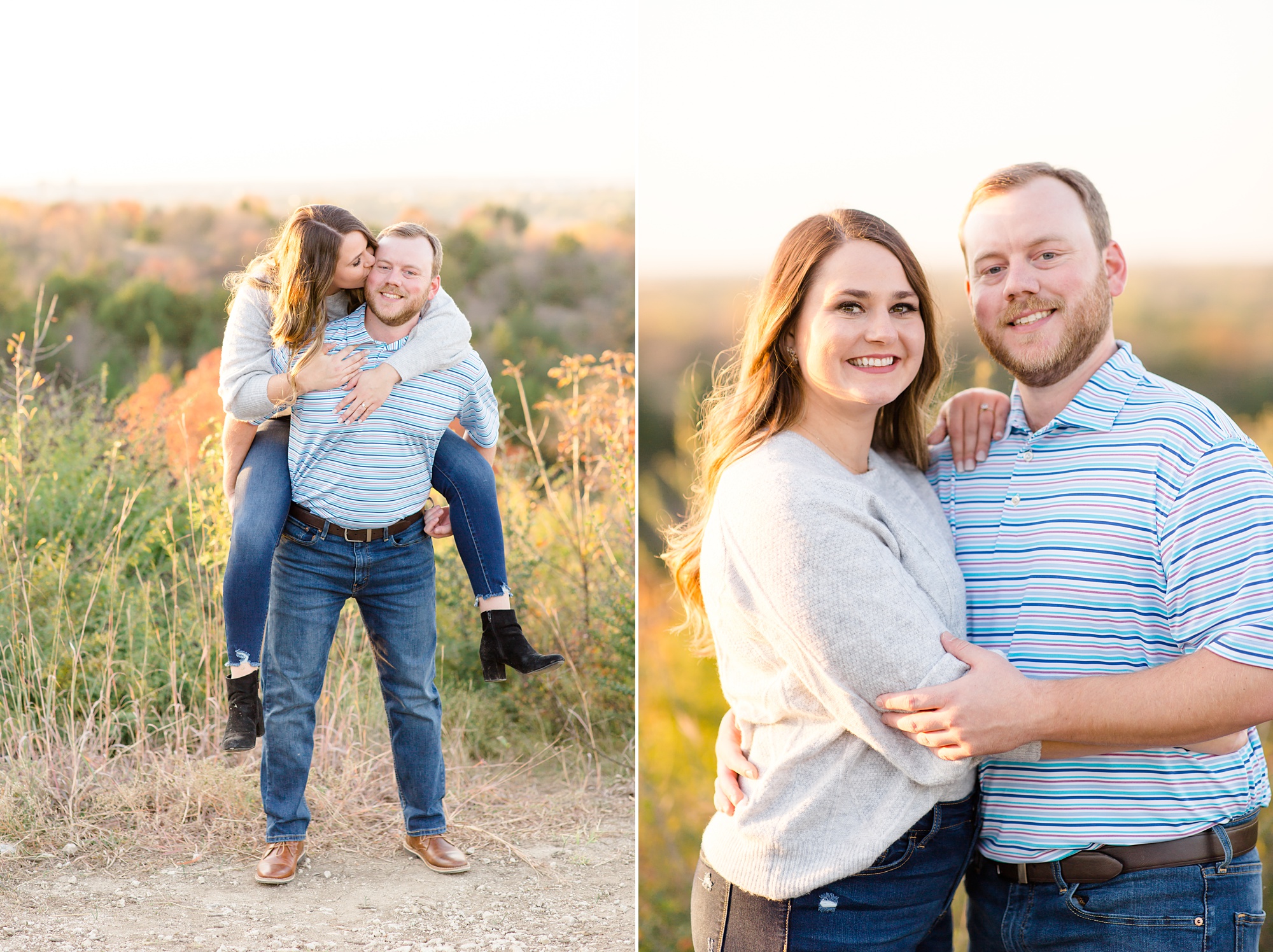engagement session at sunset with Dallas skyline in backdrop