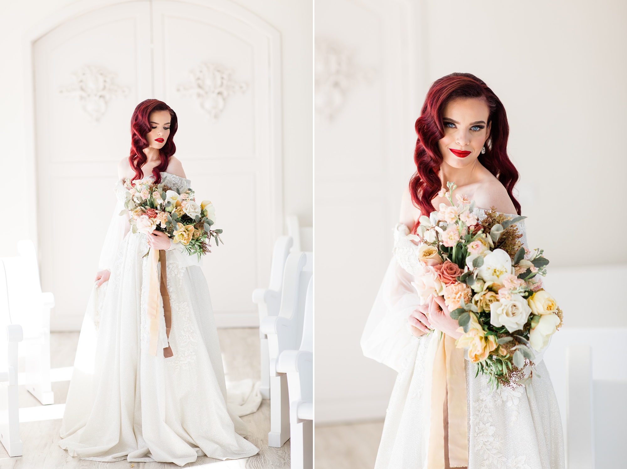 bride in modern off-the-shoulder gown holds bouquet with pink and mustard details