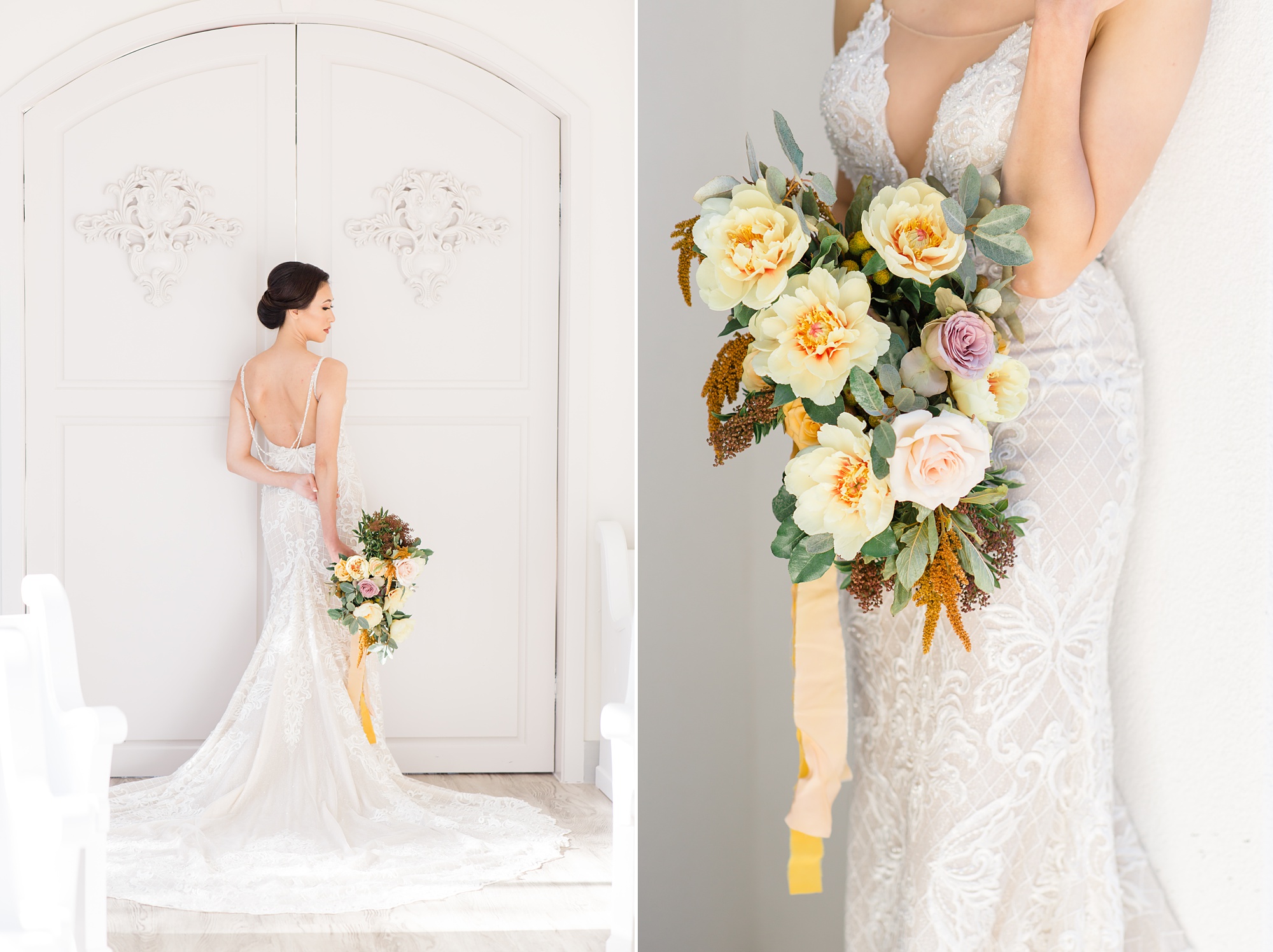 modern bridal gown with bouquet of yellow flowers