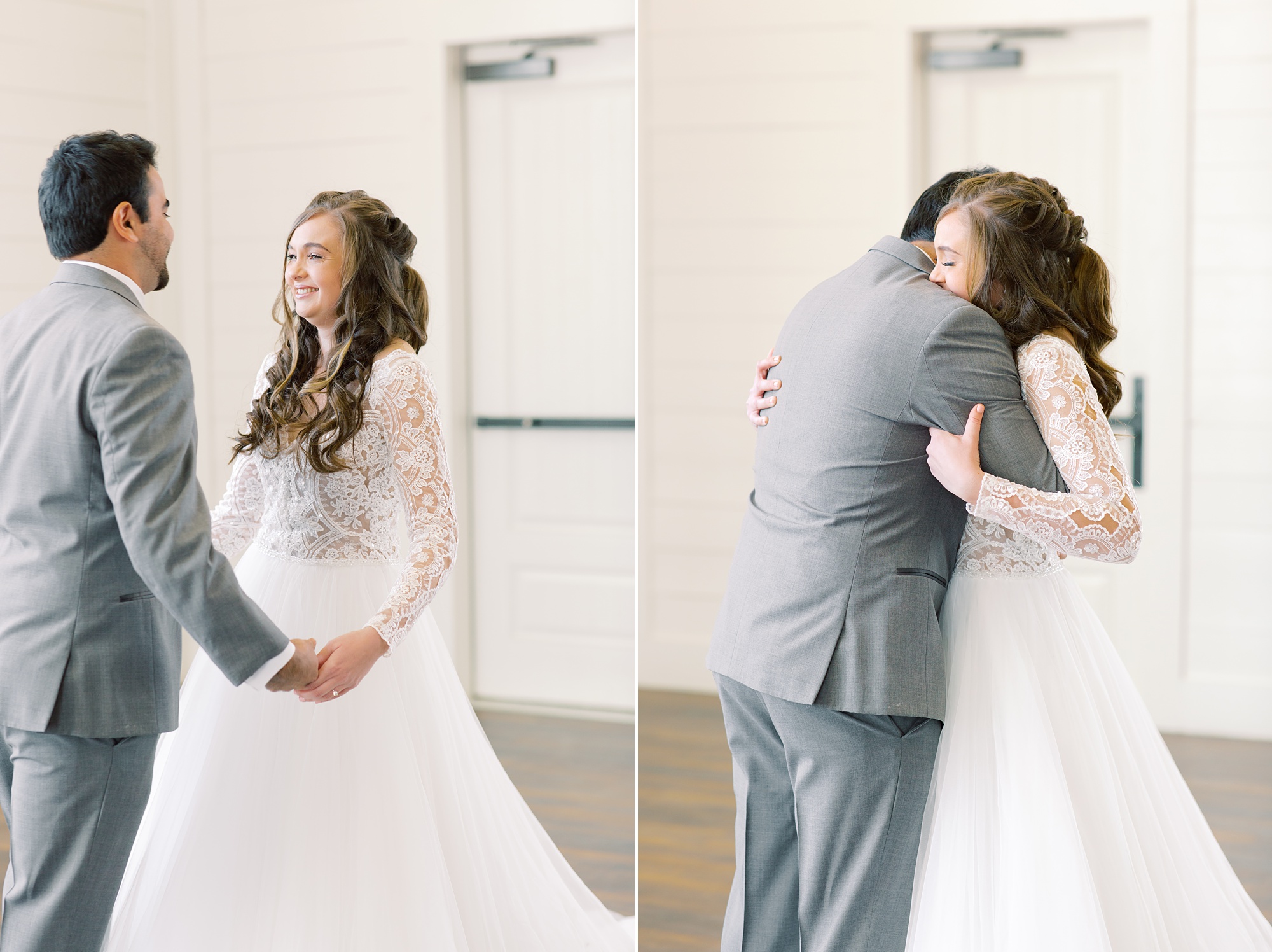 bride and groom hug during first look at HighPointe Estate