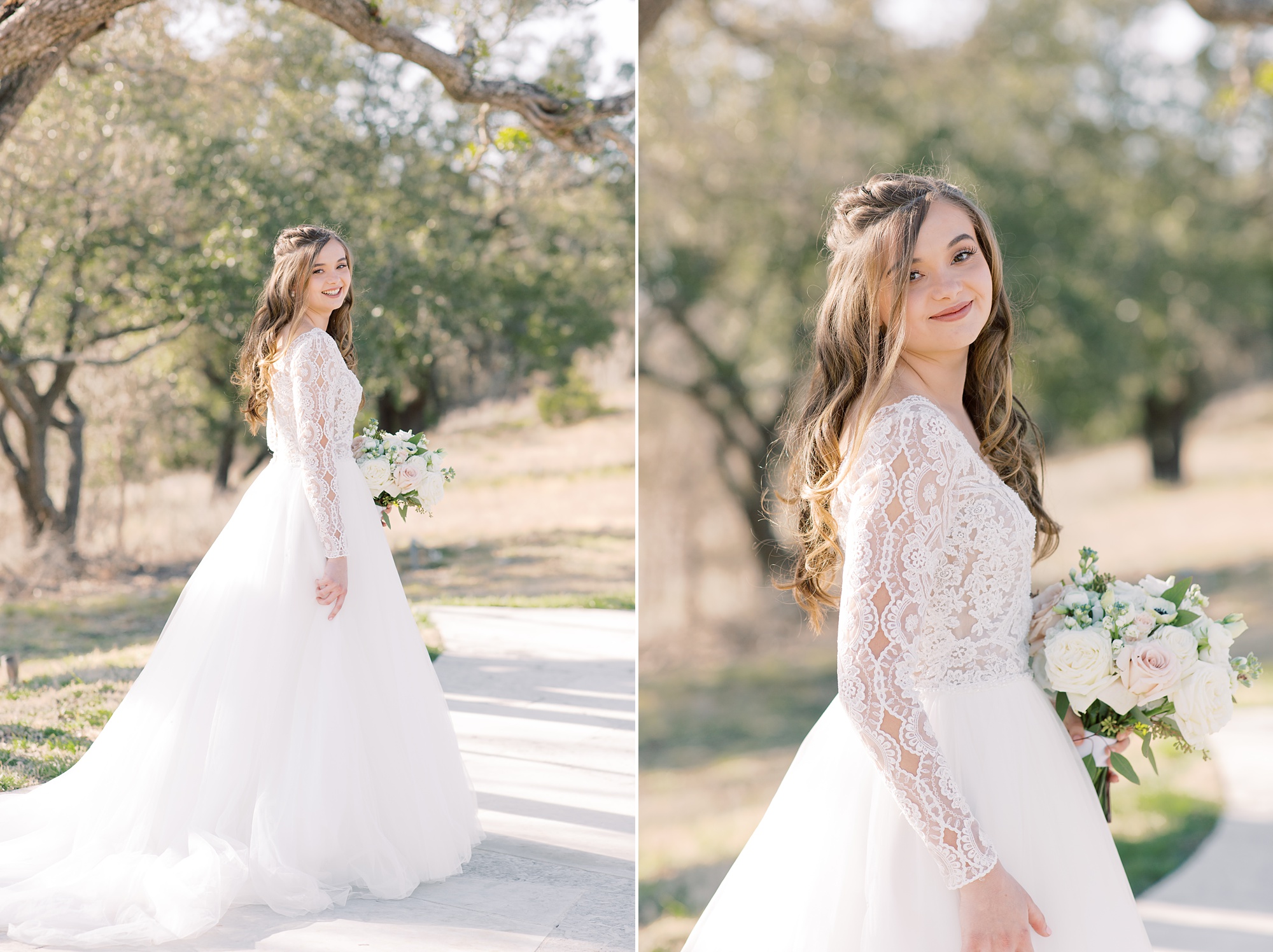 bride wearing gown with lace sleeves smiles at photographer 
