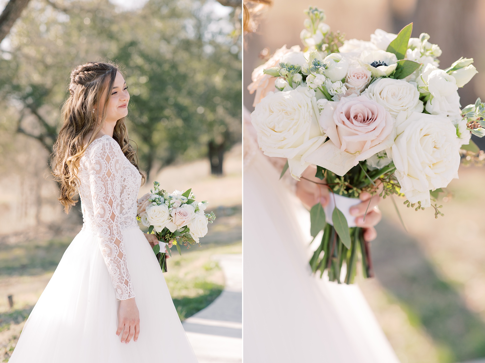 January bride holds bouquet of pale pink flowers