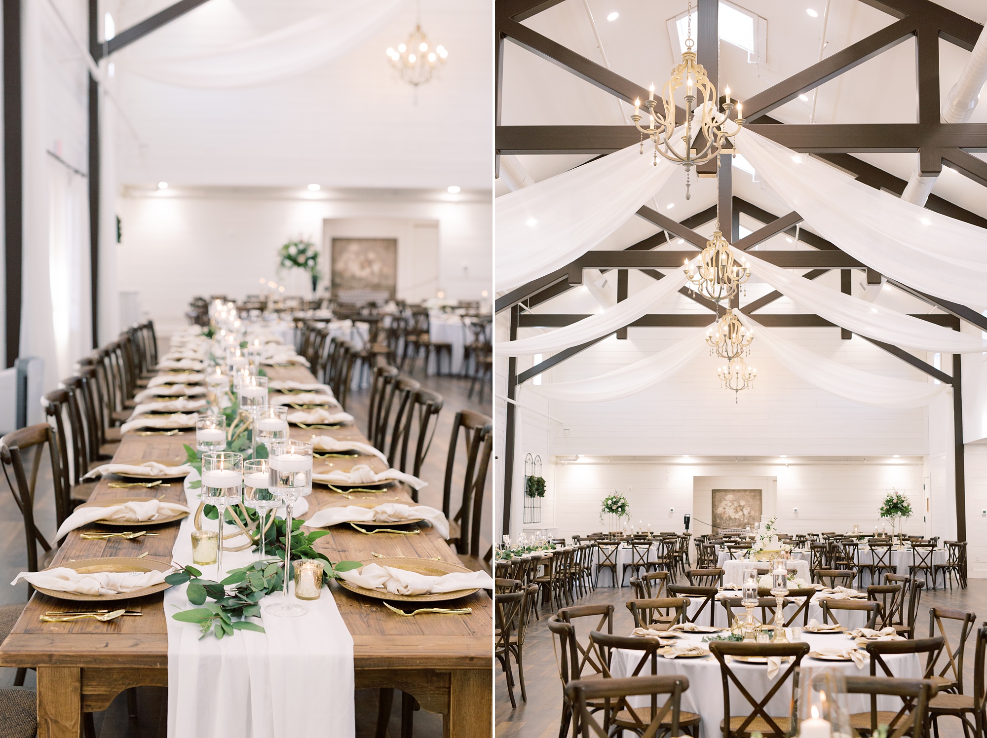 HighPointe Estate wedding reception with white and gold details