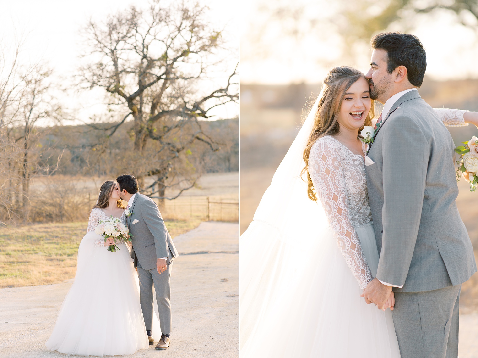 Austin TX couple kisses during sunset wedding photos 