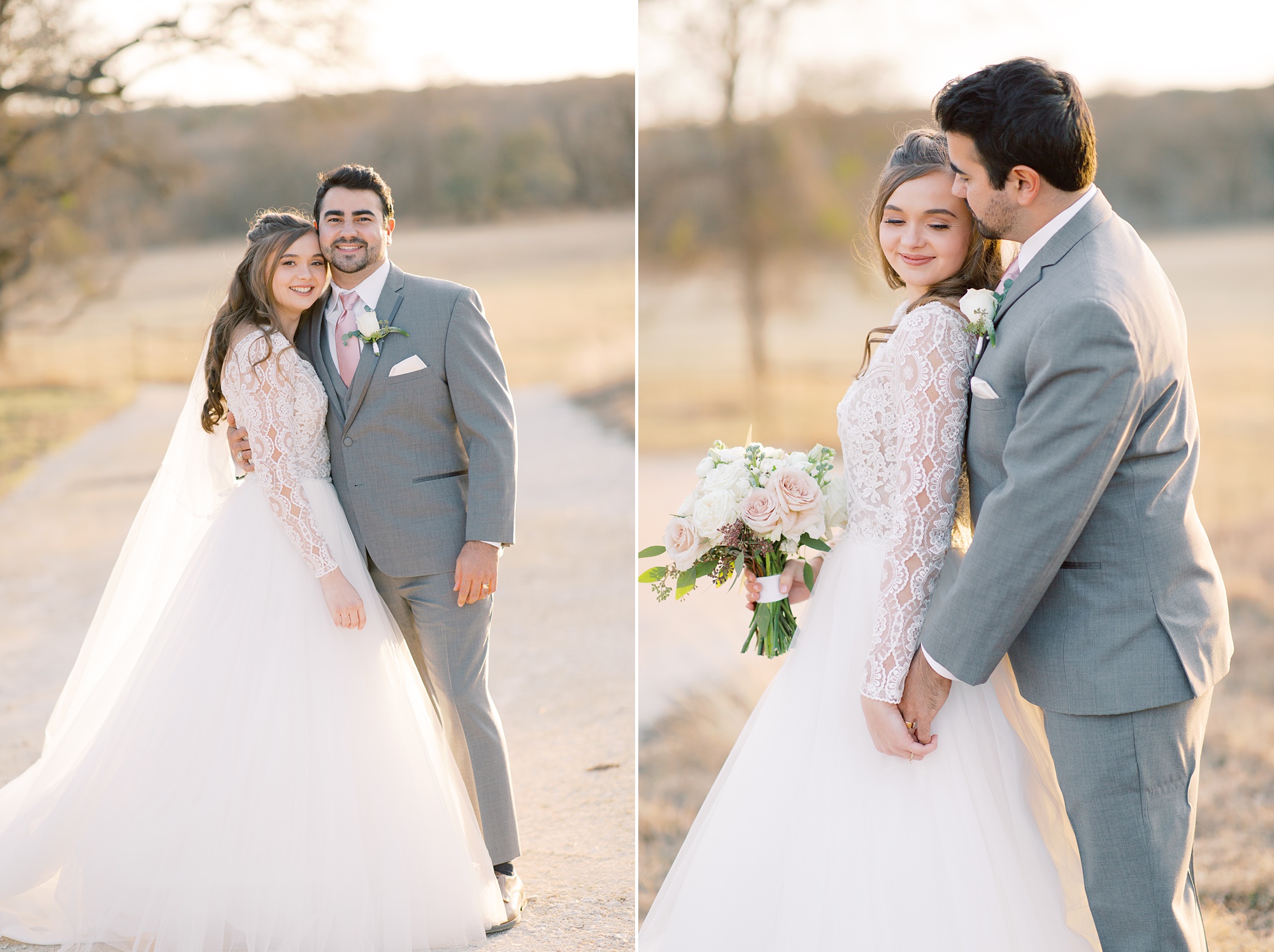 romantic wedding portraits of bride and groom at sunset