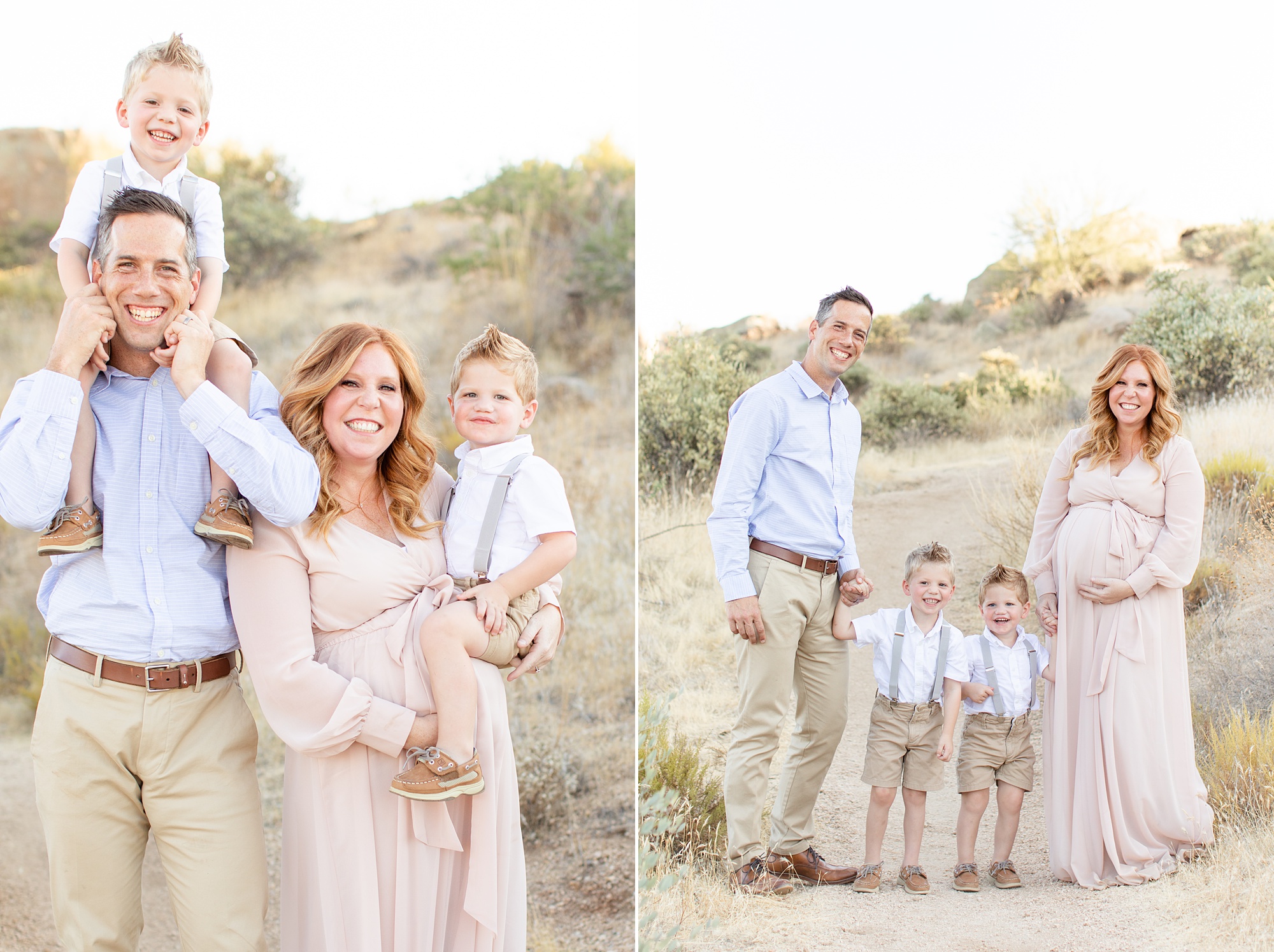 family of four poses during desert maternity photos