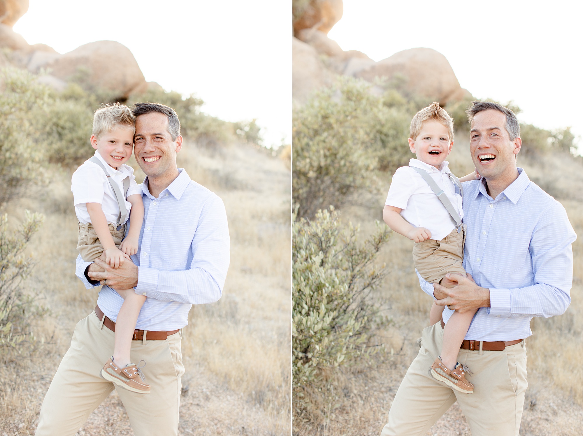 dad plays with son during family photos in Arizona