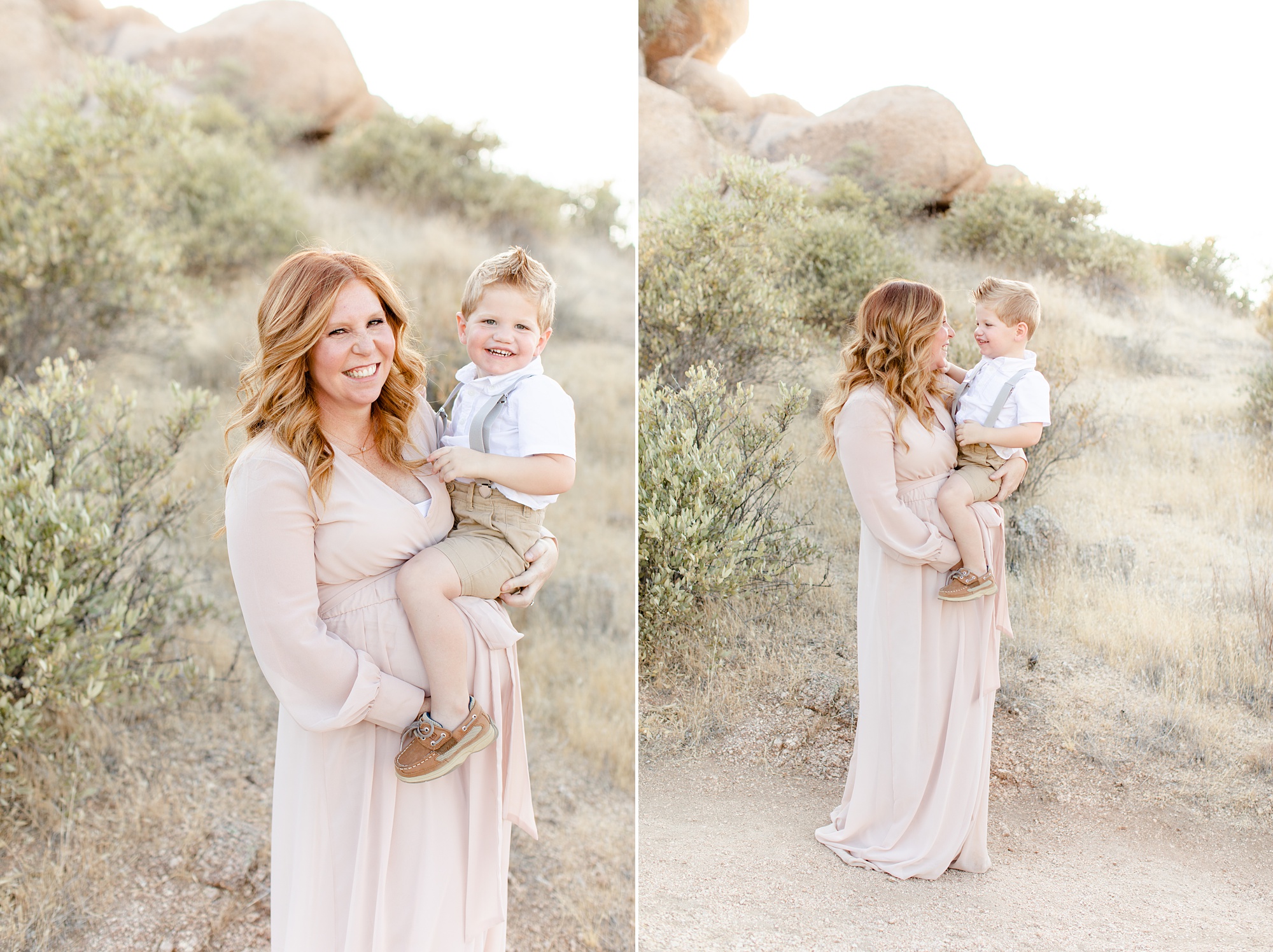mom in pastel pink gown holds son on baby belly