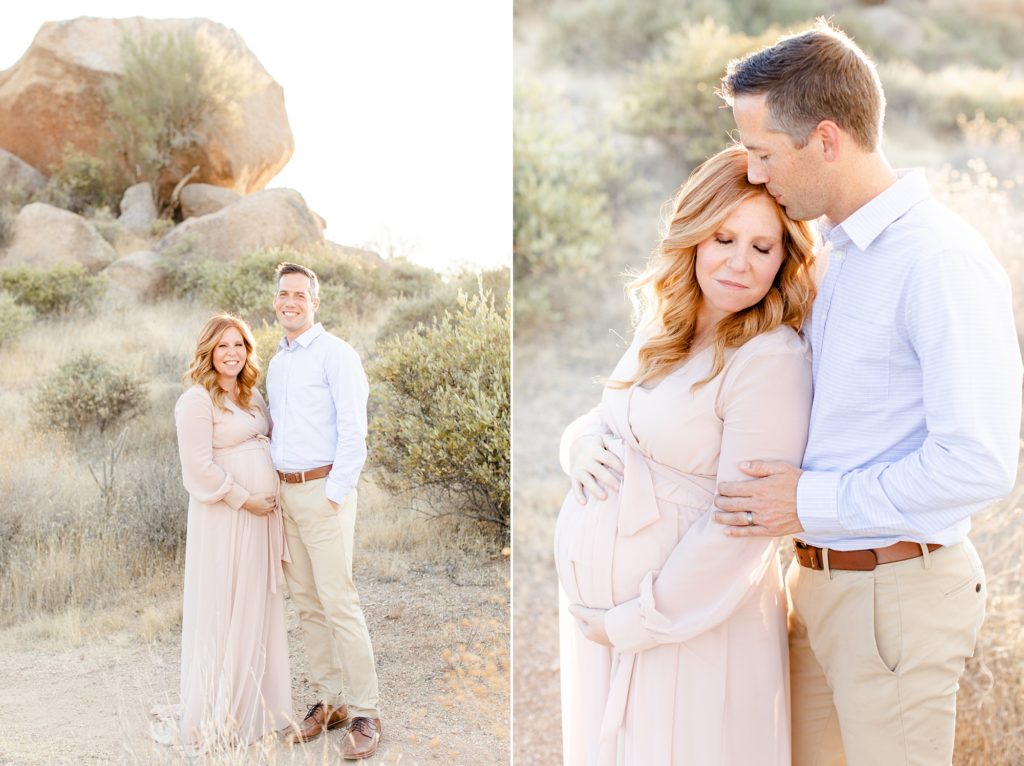 husband hugs wife's arms during Scottsdale AZ maternity session