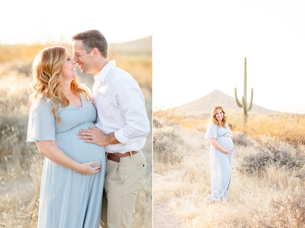 husband and wife laugh during Scottsdale AZ maternity session