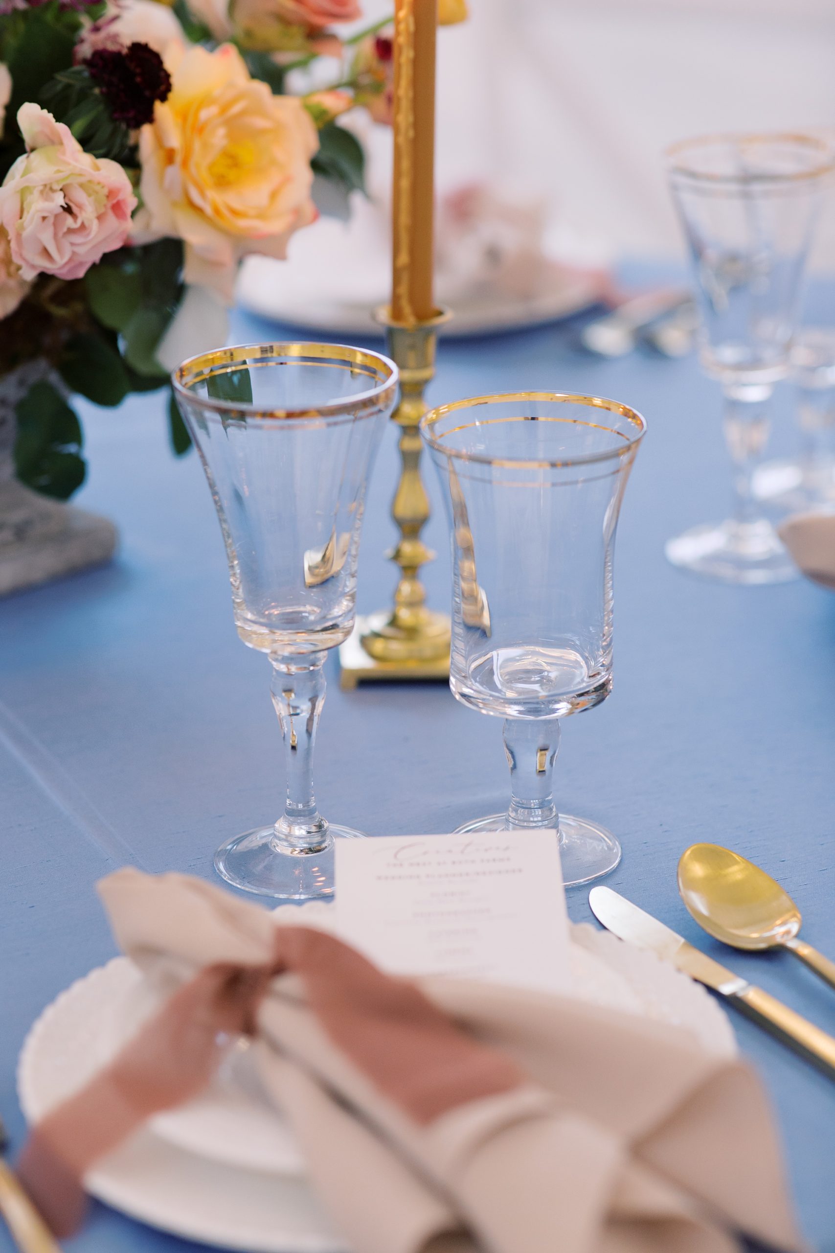 wedding reception at The Nest at Ruth Farms with gold rimmed glasses