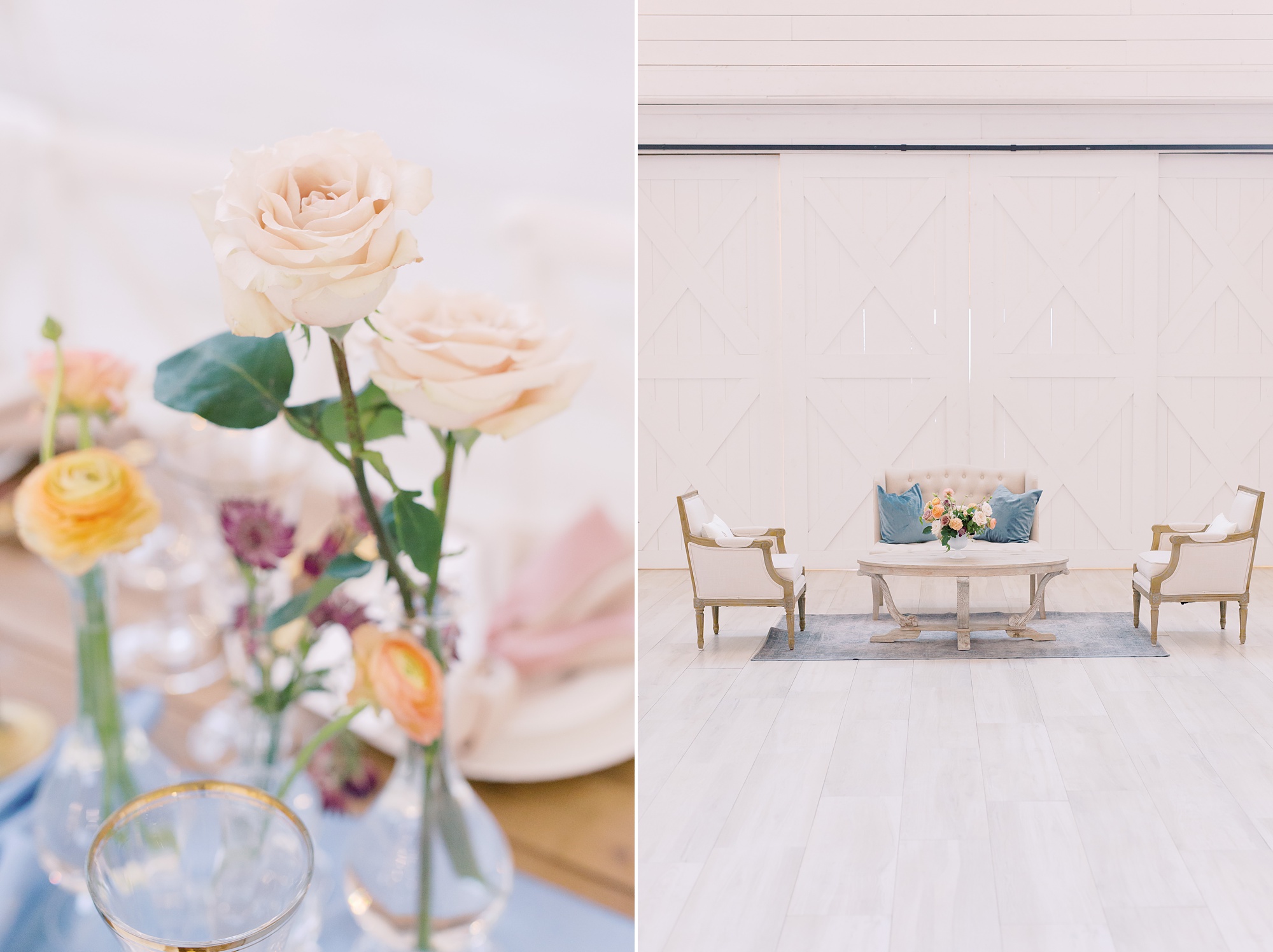 pastel blue and pink wedding reception details at The Nest at Ruth Farms