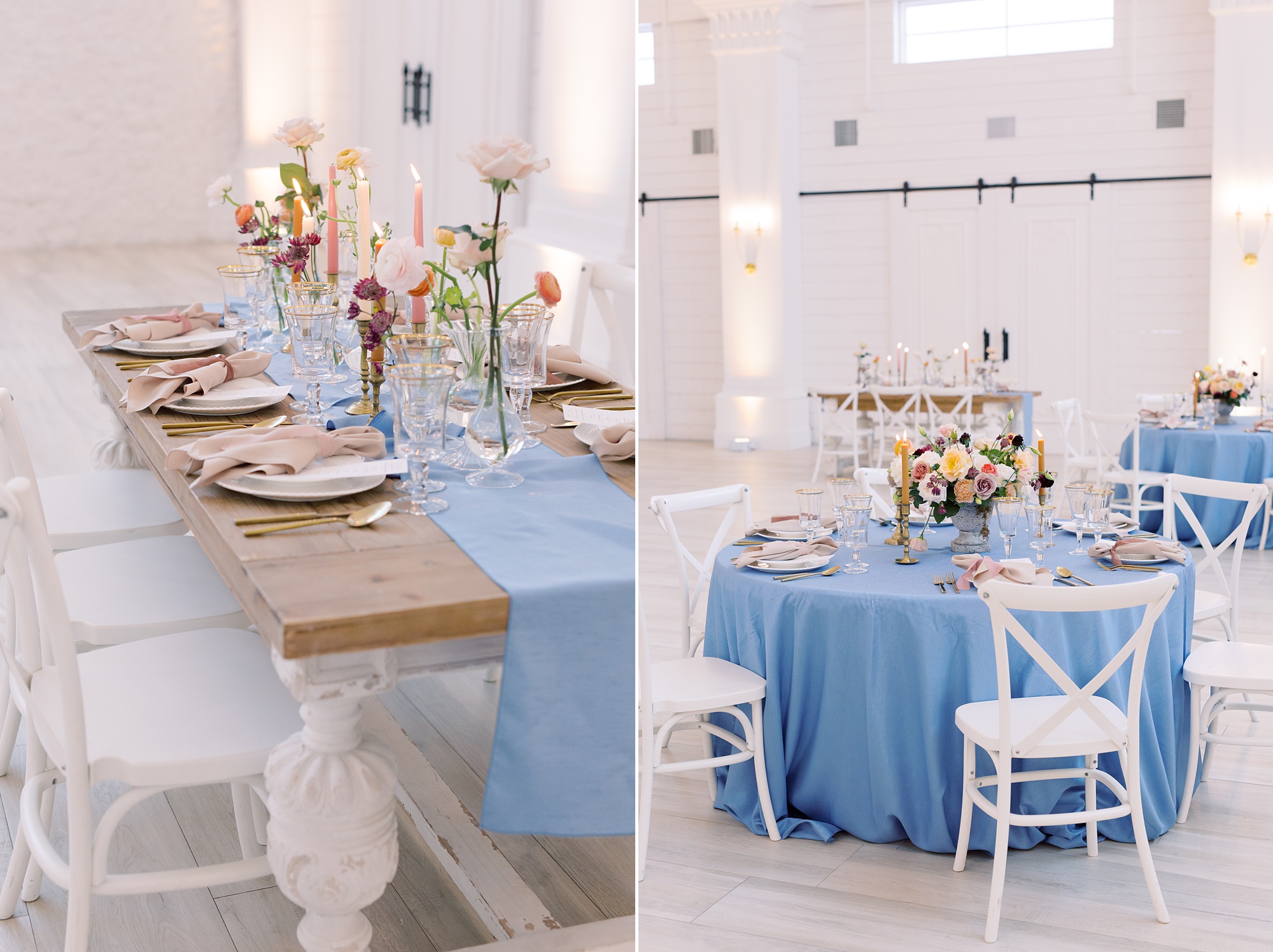 wedding reception in barn with gold and blue details