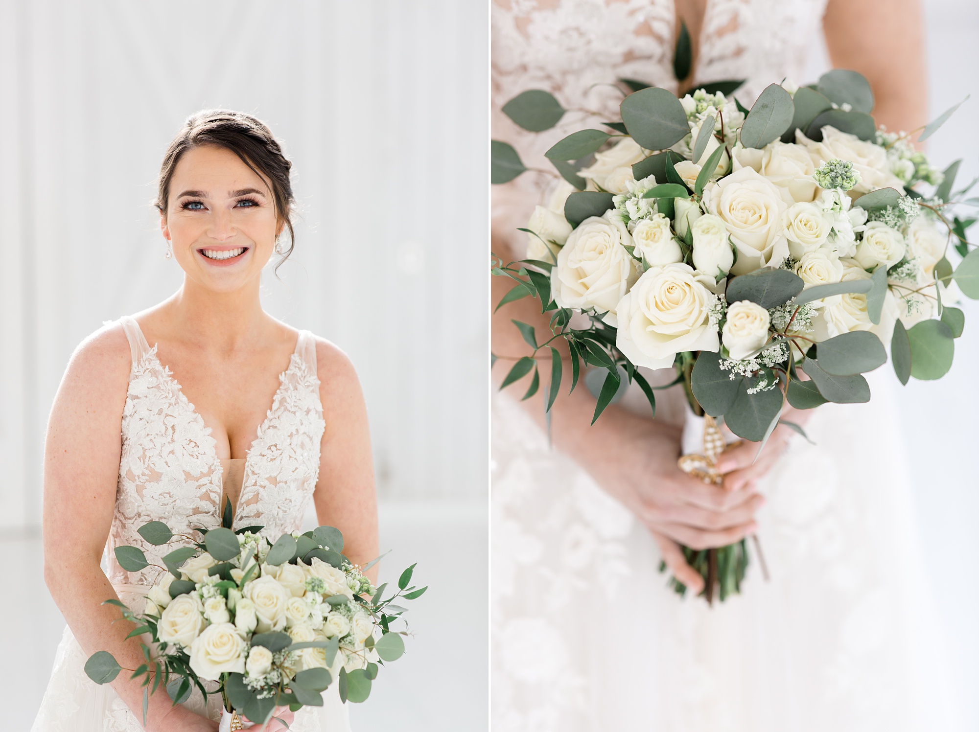 bride holds bouquet of white florals and green leaves