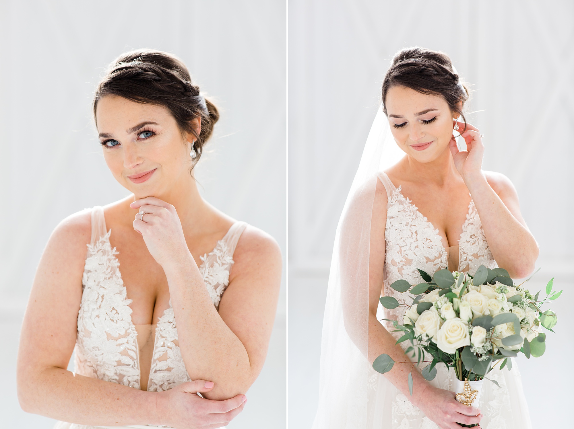 Dallas bridal portraits with bouquet of white flowers and cathedral veil