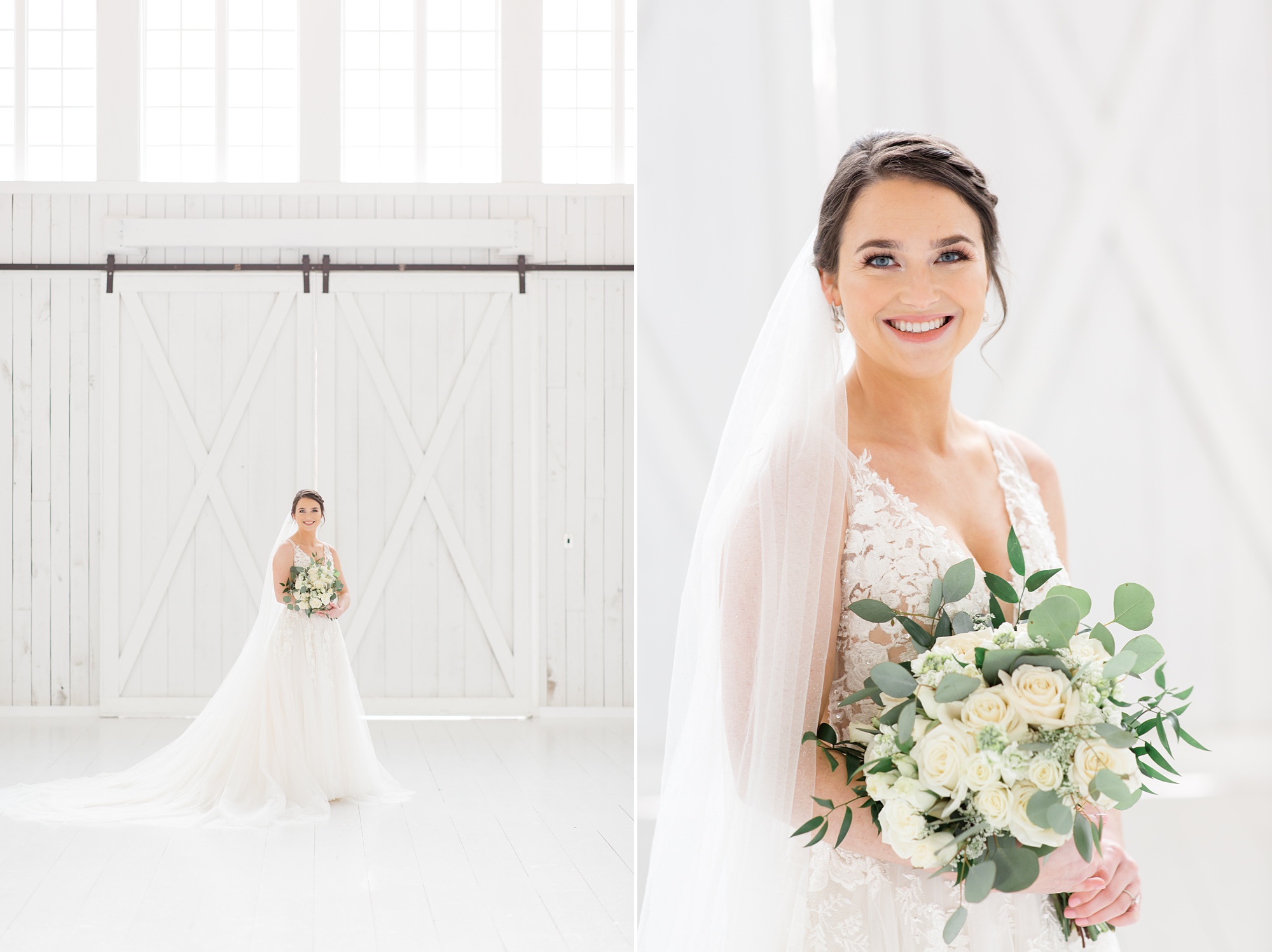 White Sparrow bridal portraits of bride with all-white bouquet