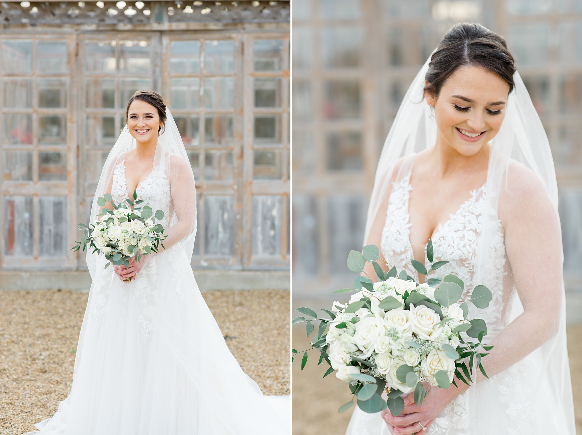 Texas bridal portraits in front of greenhouse 