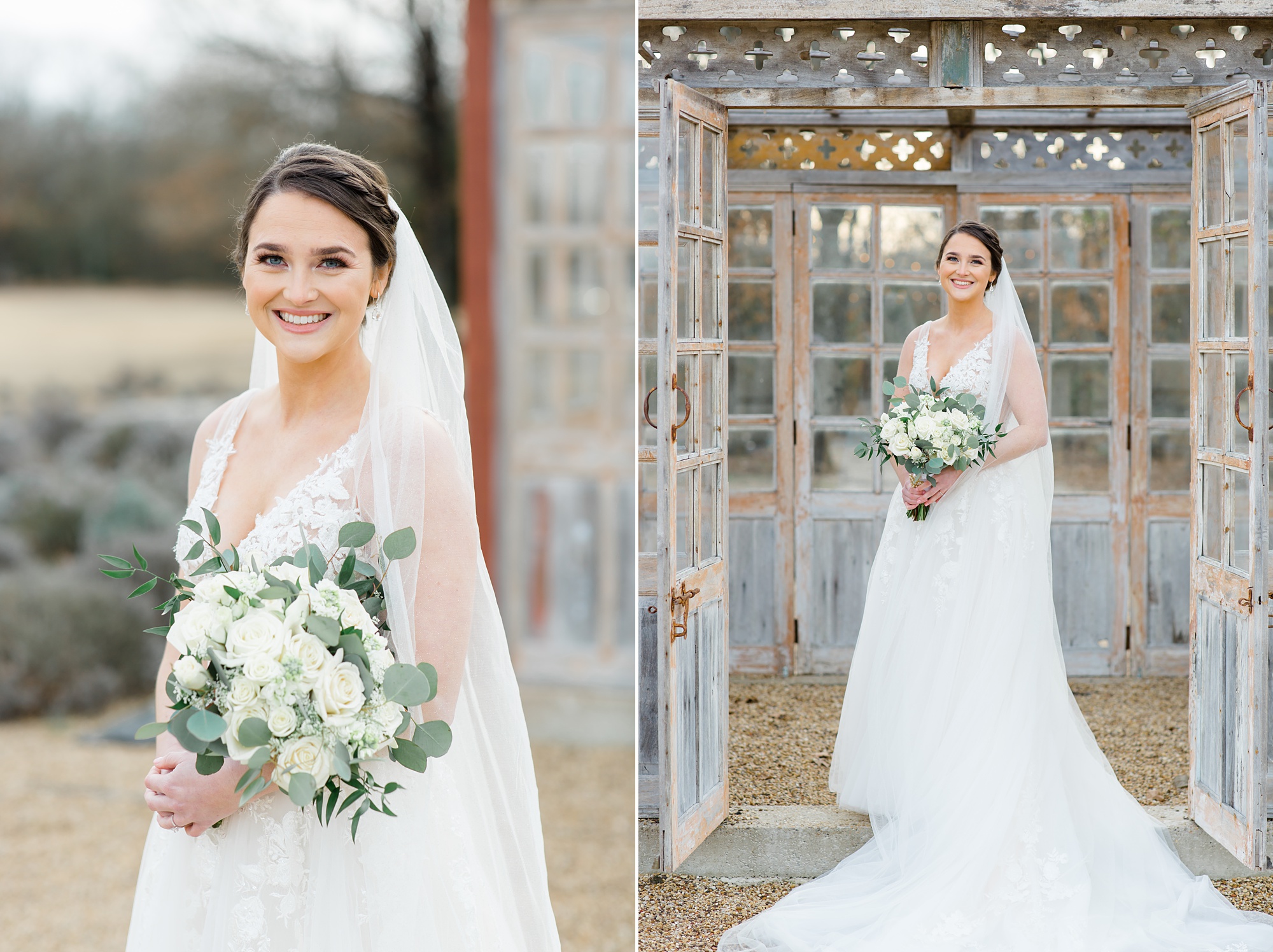 texas bride poses in front of greenhouse at the White Sparrow 