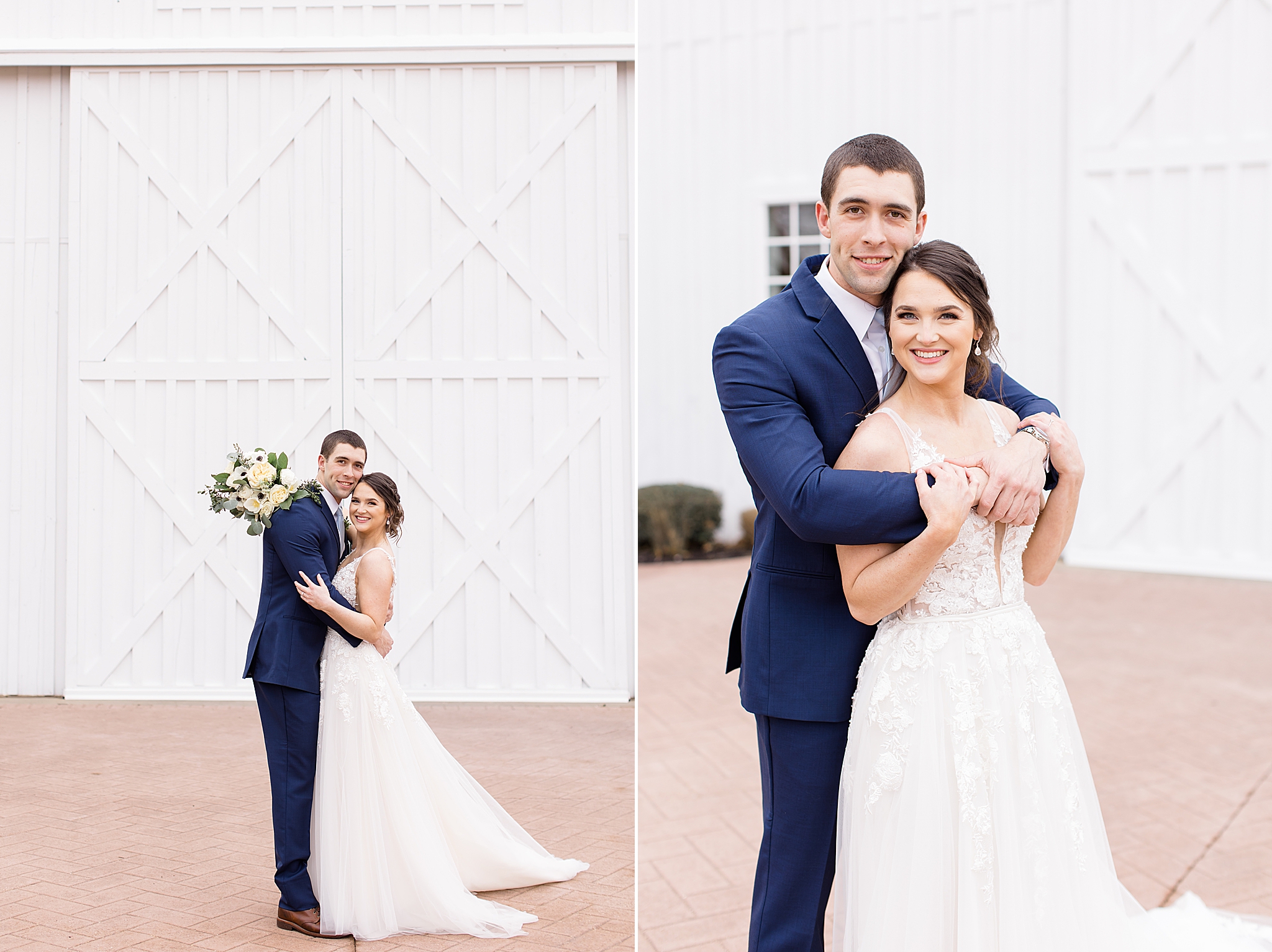 Texas couple hugs in front of white barn