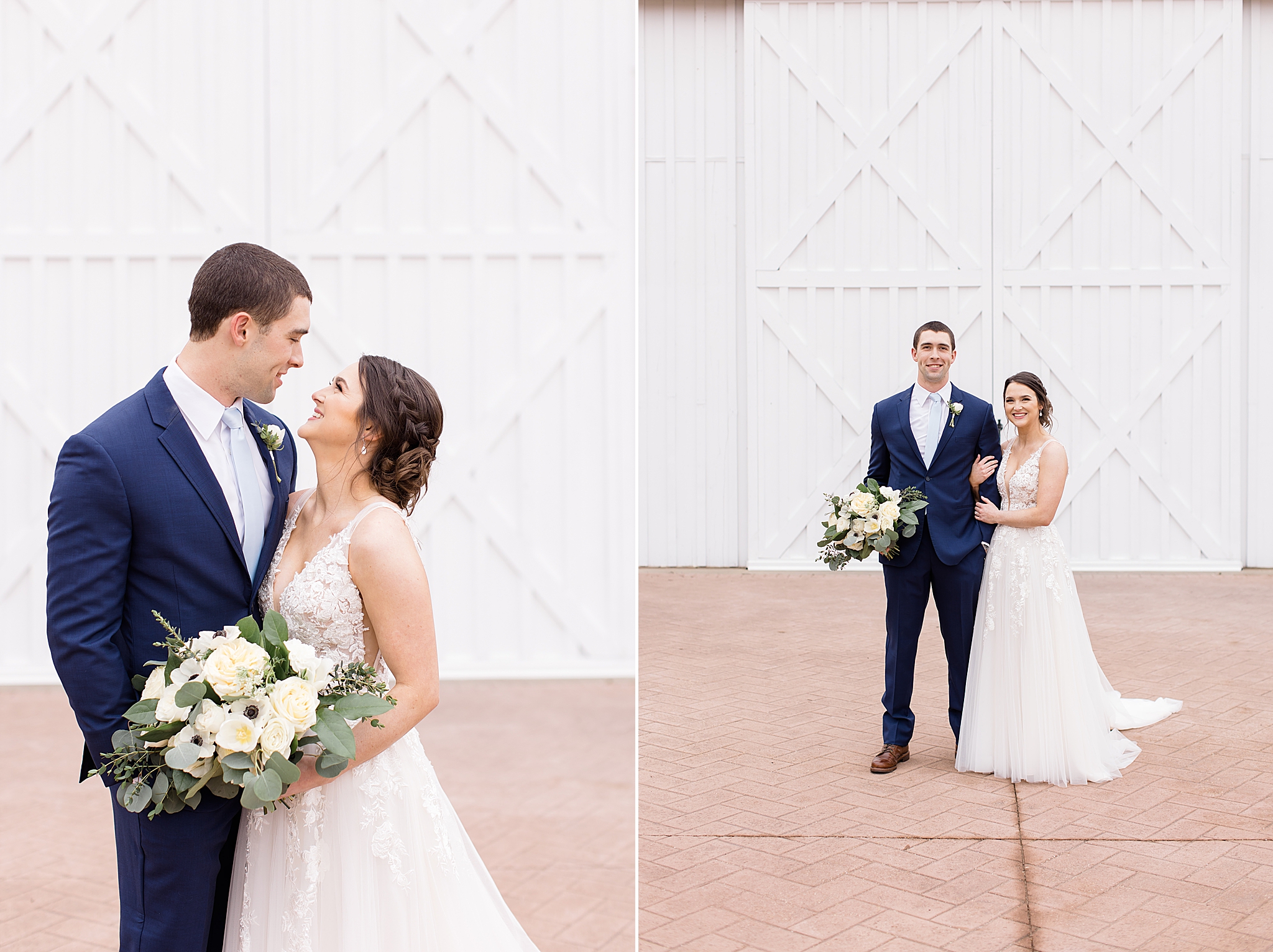 wedding portraits in Dallas TX outside white barn