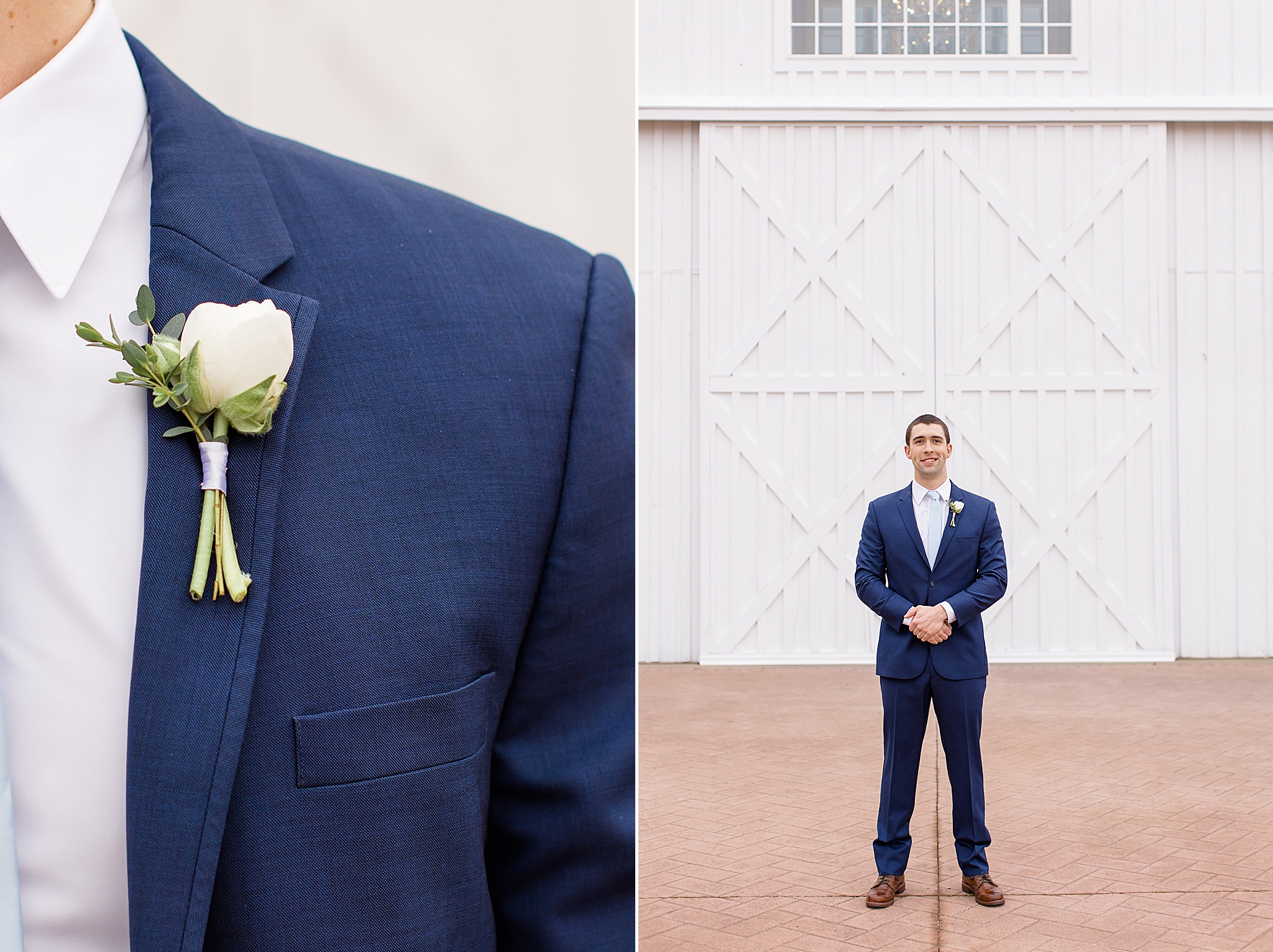 groom in navy suit poses outside The White Sparrow