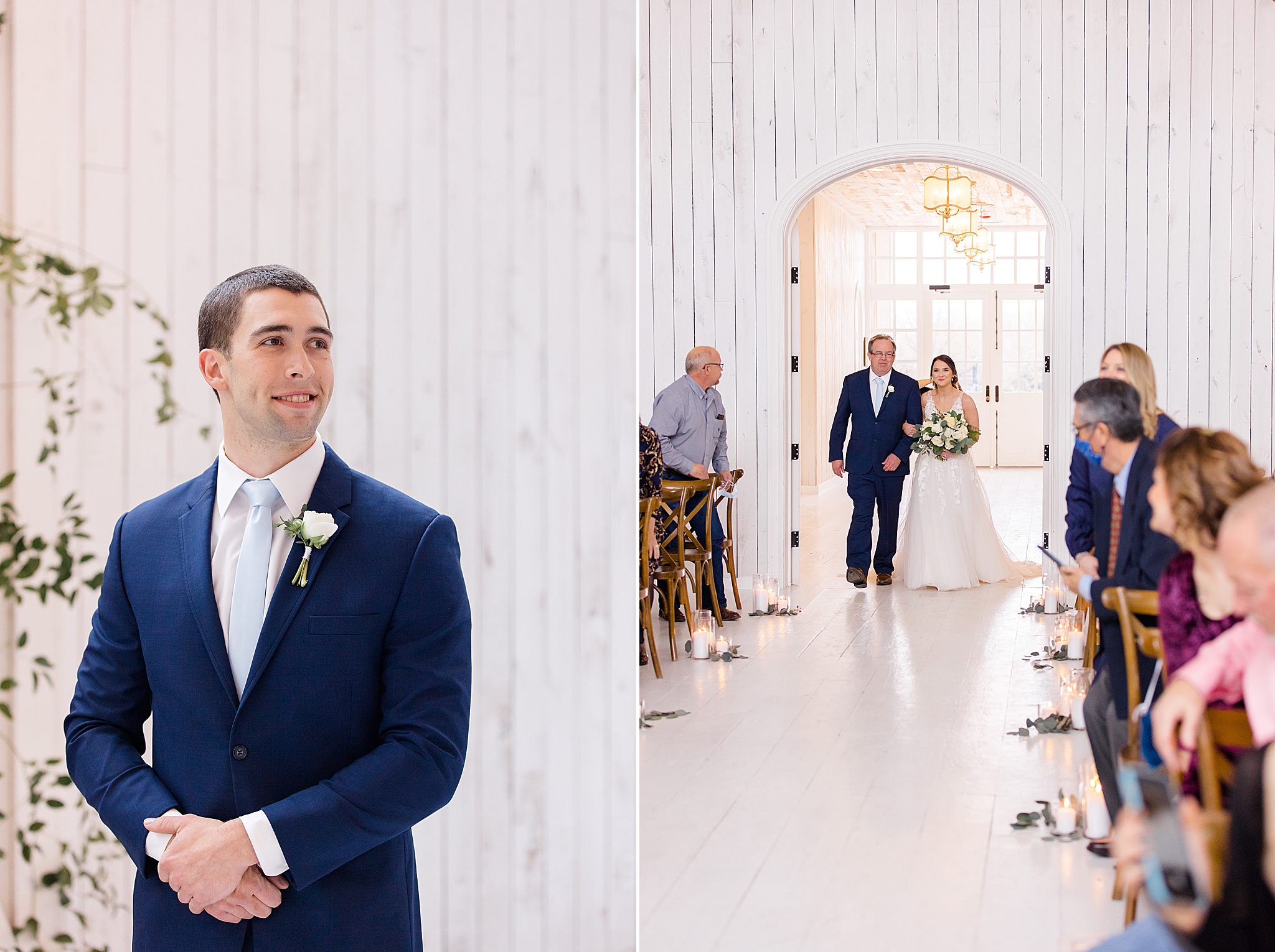 groom watches bride walk down aisle at The White Sparrow