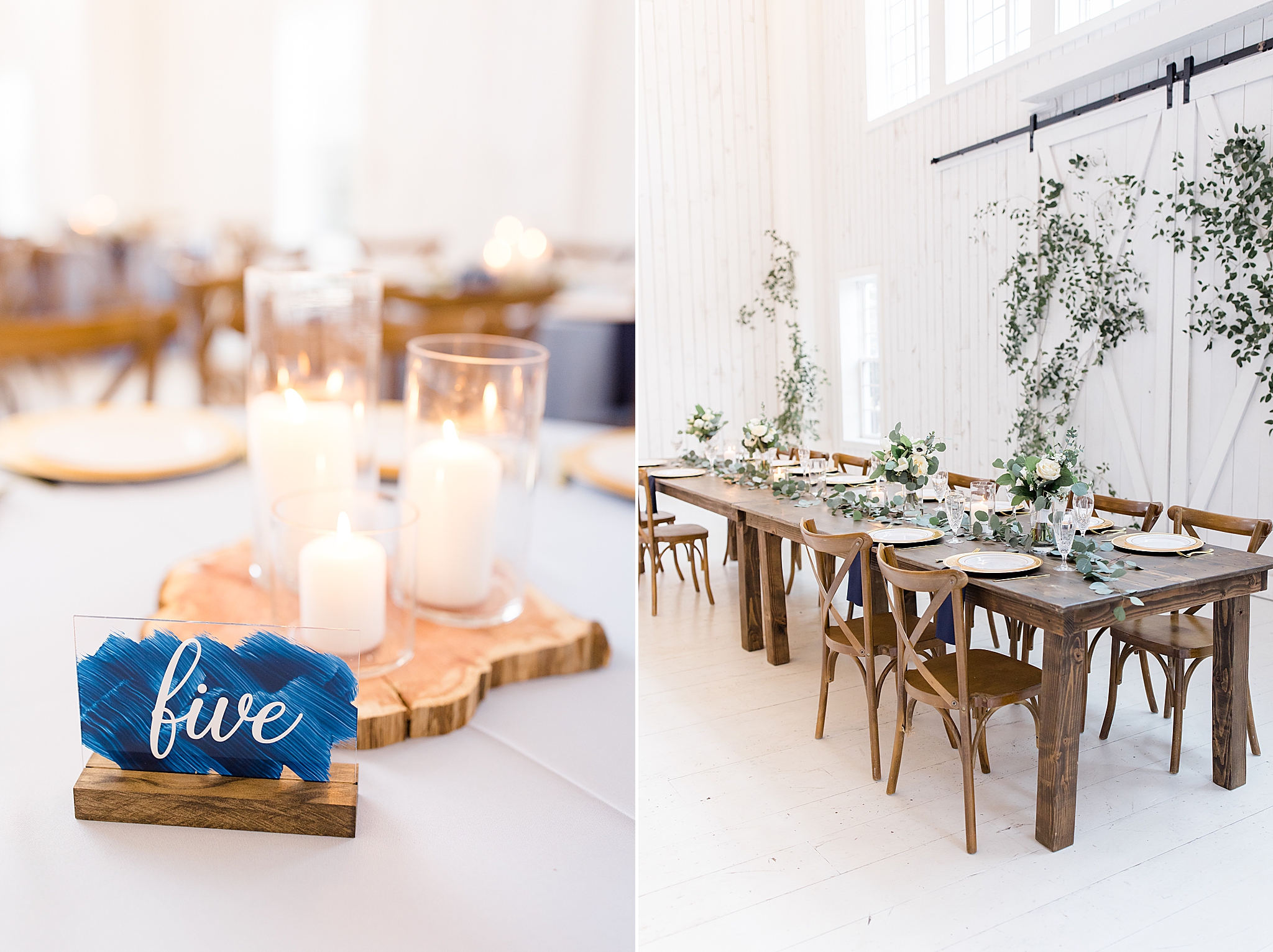 navy and gold wedding reception details at The White Sparrow