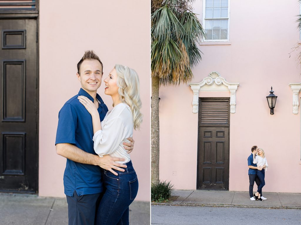 wife smiles at husband during Charleston anniversary portraits