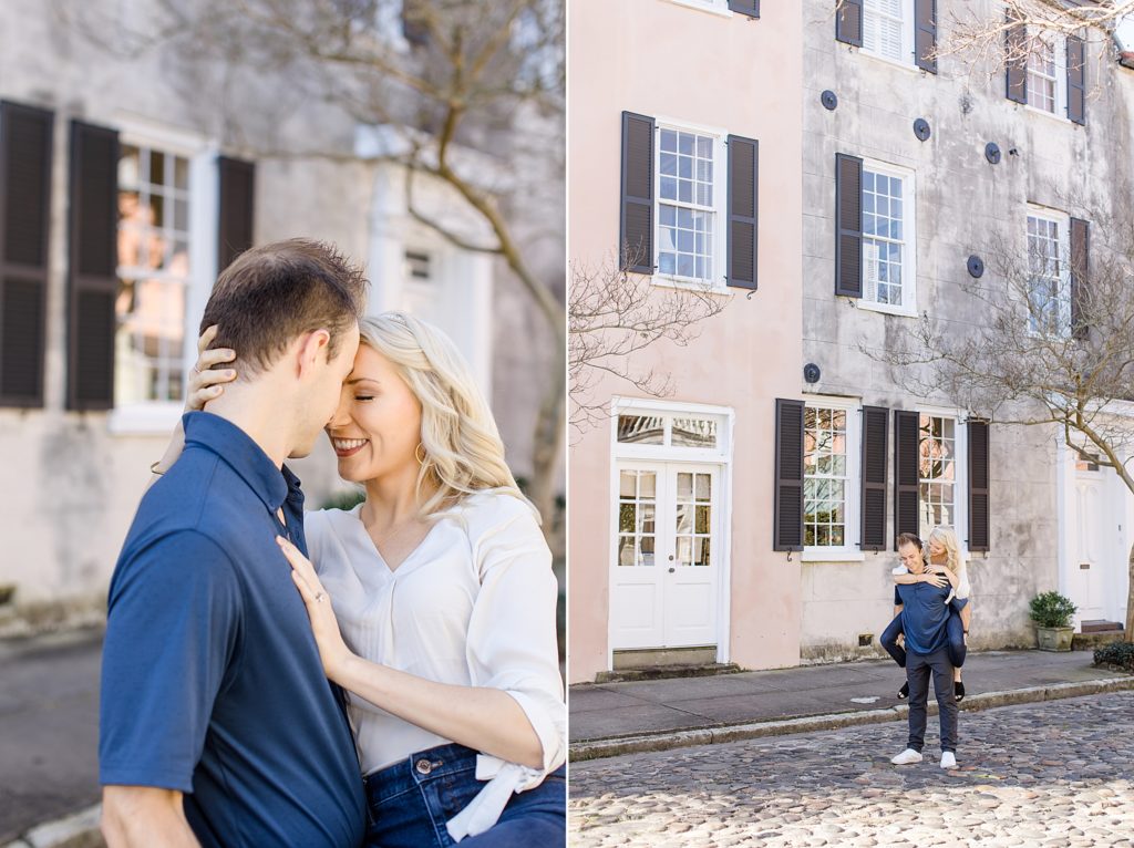 couple hugs during Charleston anniversary portraits along historic homes