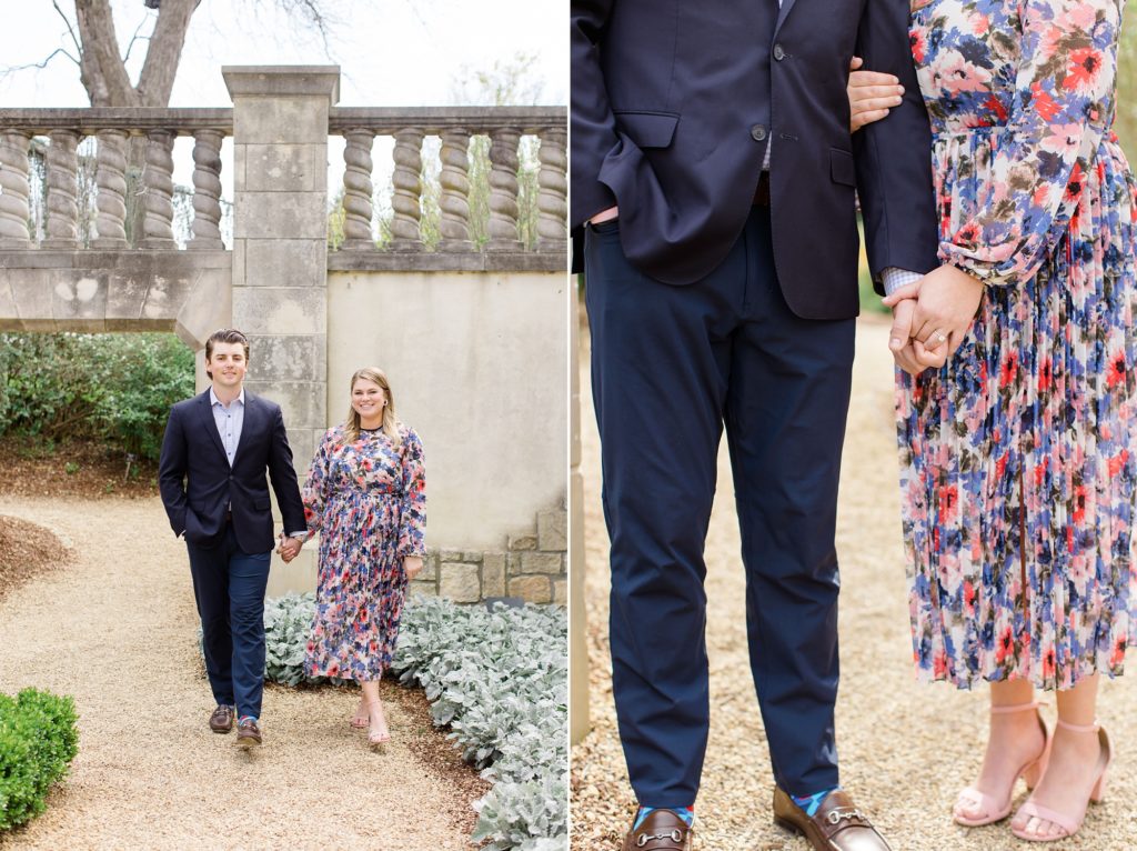 bride and groom walk through Dallas Arboretum during engagement session
