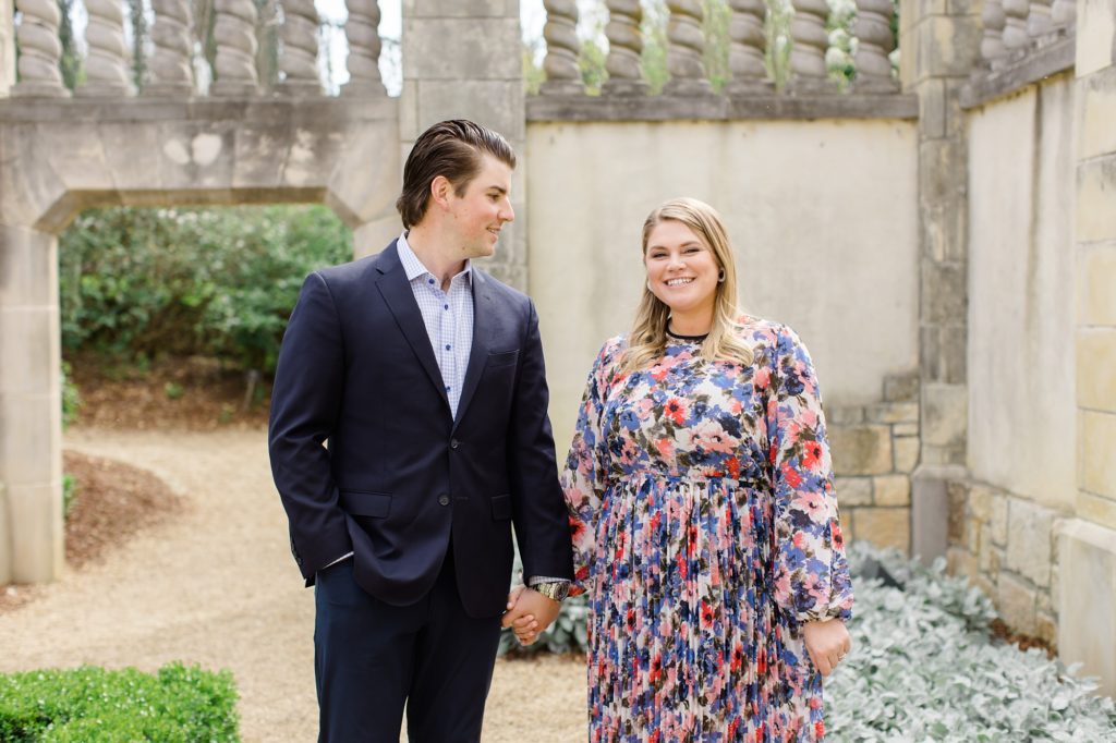 bride and groom walk through Dallas TX gardens