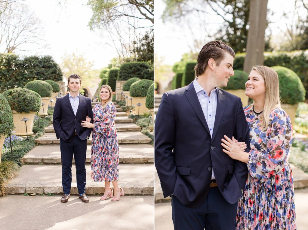 Dallas Arboretum engagement photos in the spring by staircase 