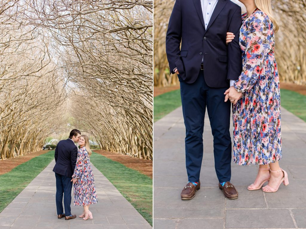 Dallas TX engagement photos on covered walkway