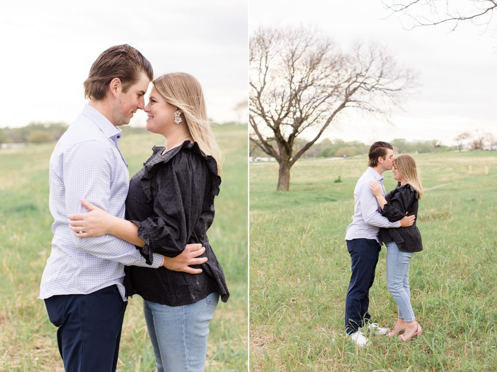 bride and groom hug in field in Dallas TX