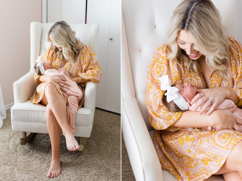 mom holds new baby in nursery during Dallas lifestyle newborn portraits