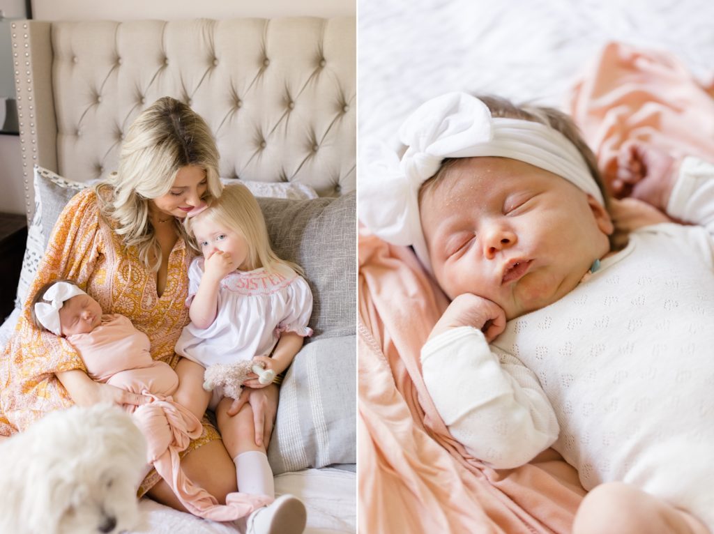 mom holds daughters on bed during Dallas lifestyle newborn portraits