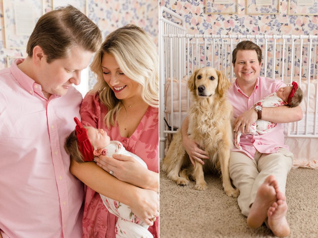 parents snuggle with baby girl and dog during Dallas lifestyle newborn portraits