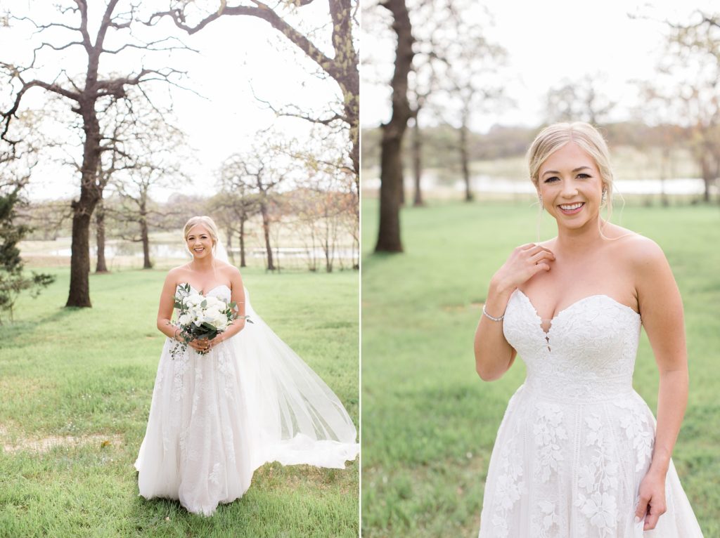 bride walks through meadow at Oak + Ivy