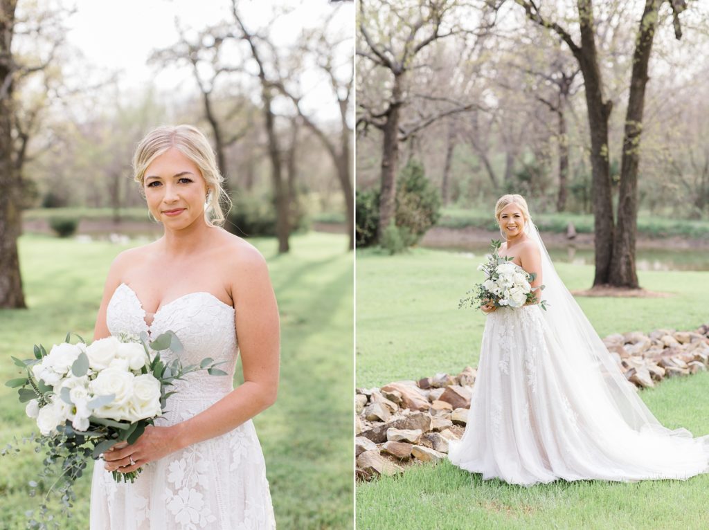 bride holds bouquet with white roses along creek