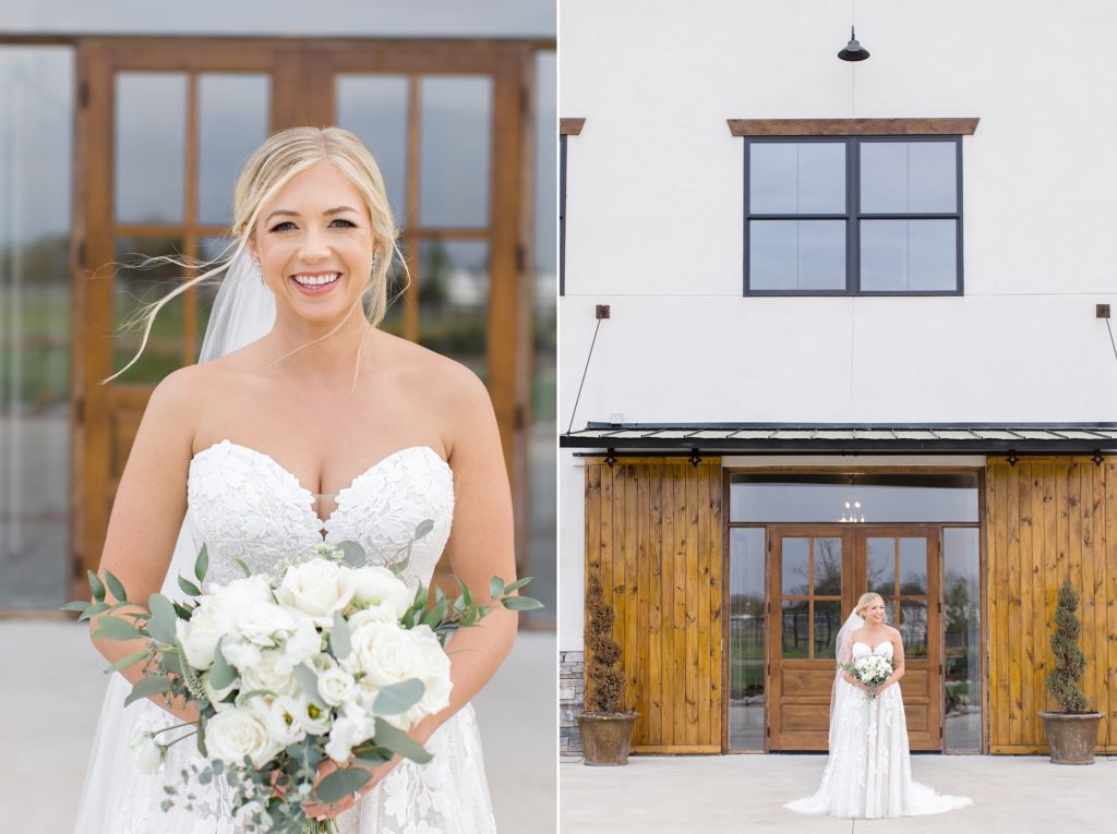 Oak + Ivy bridal portraits with bride holding bouquet of all white flowers