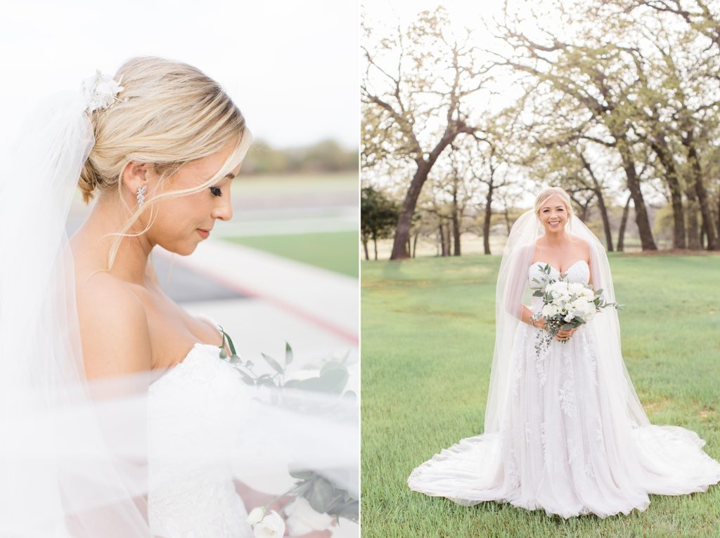 Oak + Ivy bridal portraits with bride holding bouquet and veil wrapped around arms