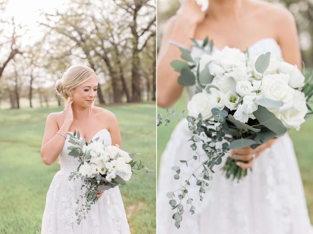 classic bridal portraits with bride holding white and green bouquet