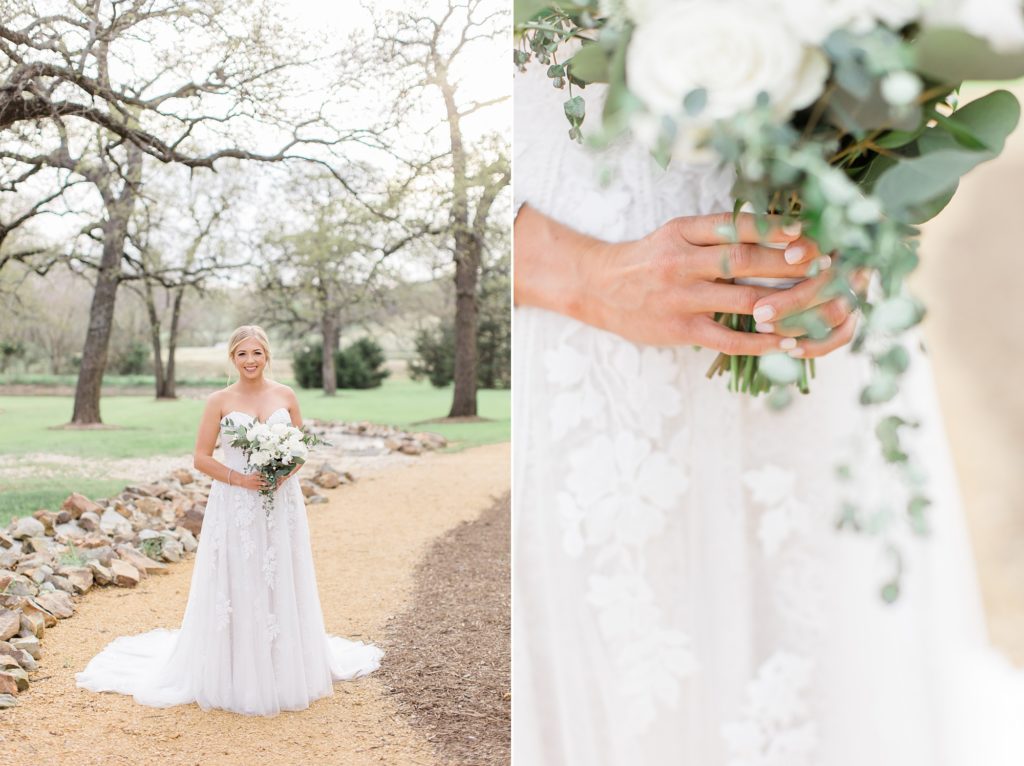 Oak + Ivy bridal portraits with bouquet of green leaves and ivory flowers