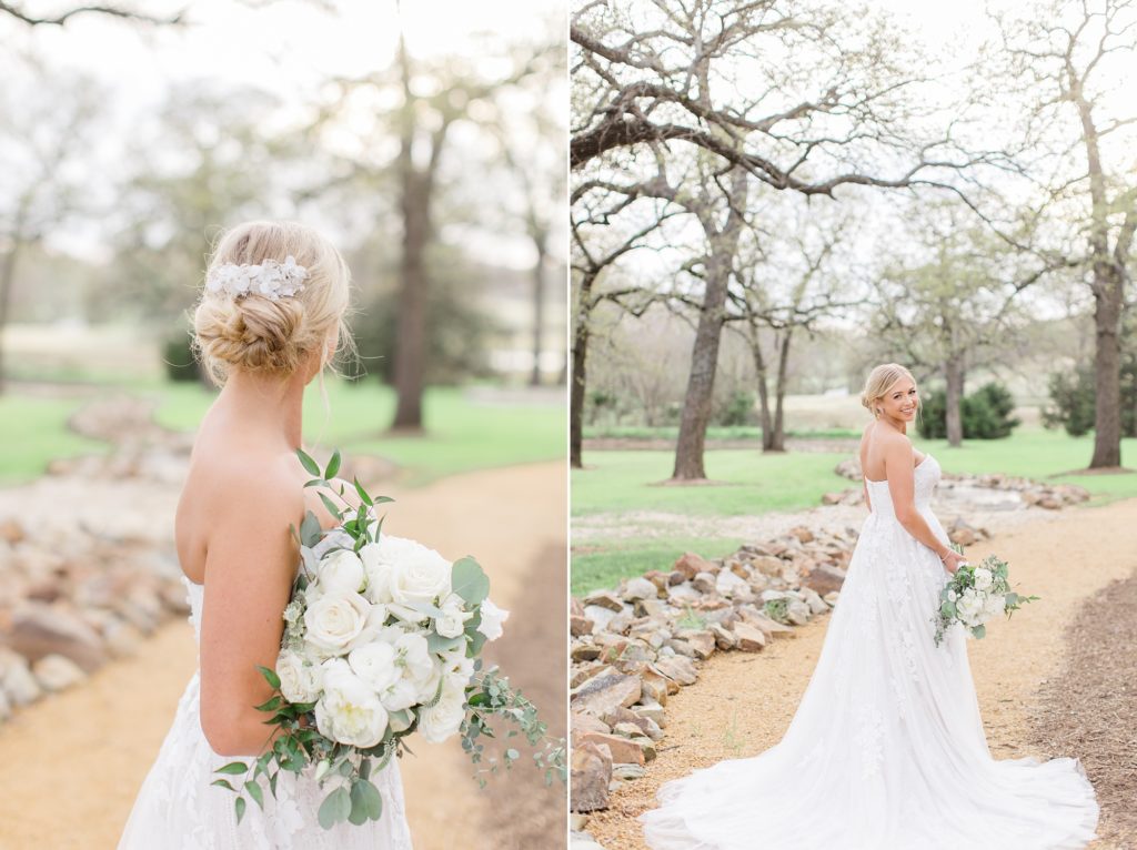 Oak + Ivy bridal portraits with bride holding ivory and green bouquet 