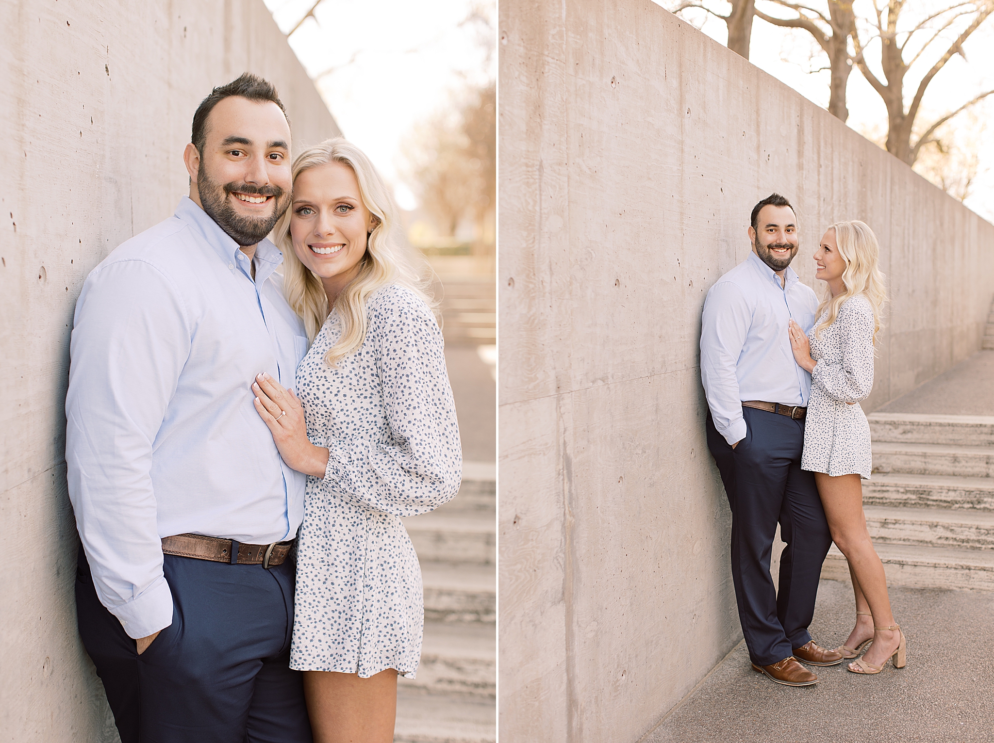 couple leans against wall at Kimball Art Museum during engagement photos