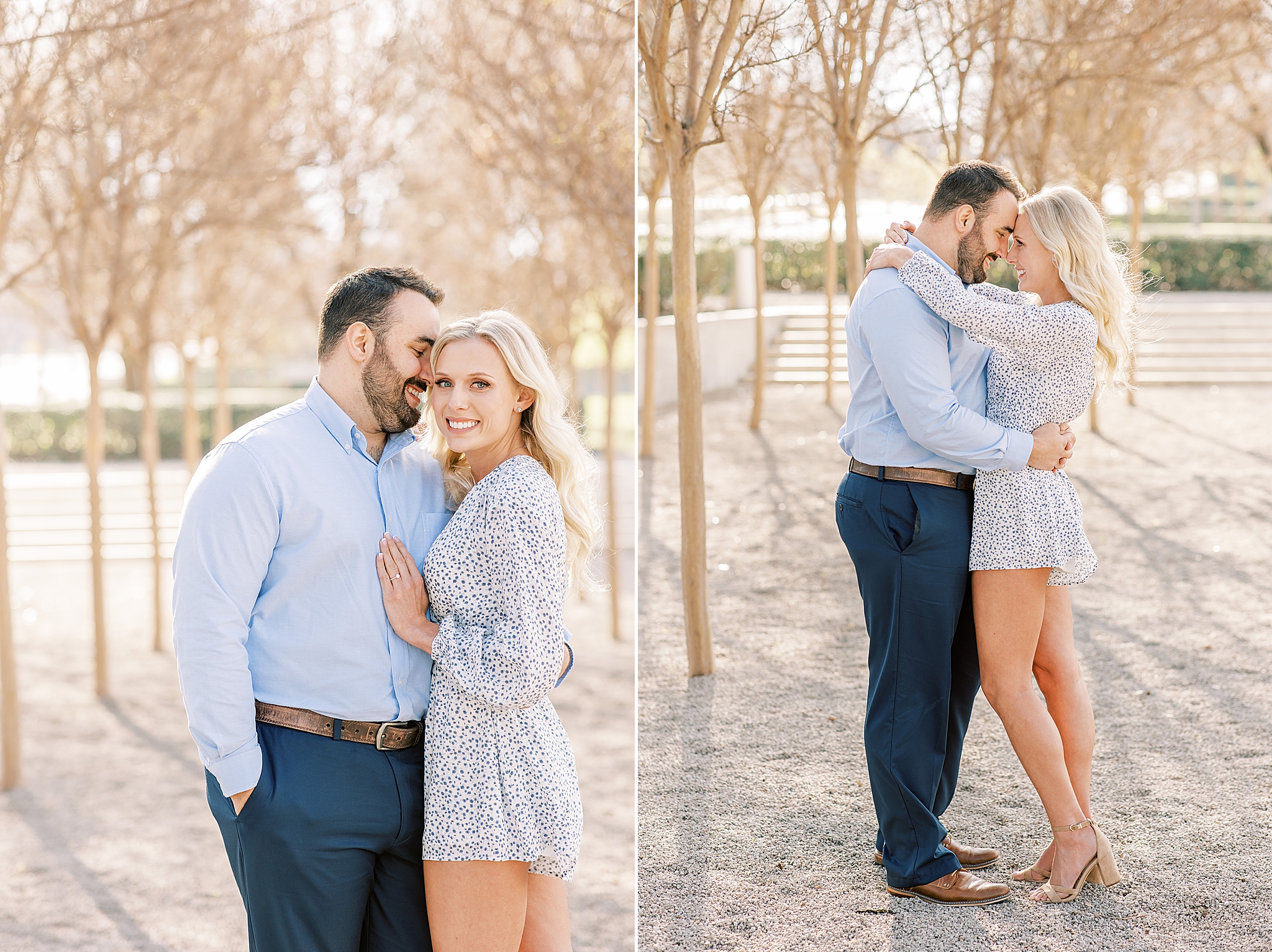 engagement portraits for Texas couple in grove of trees