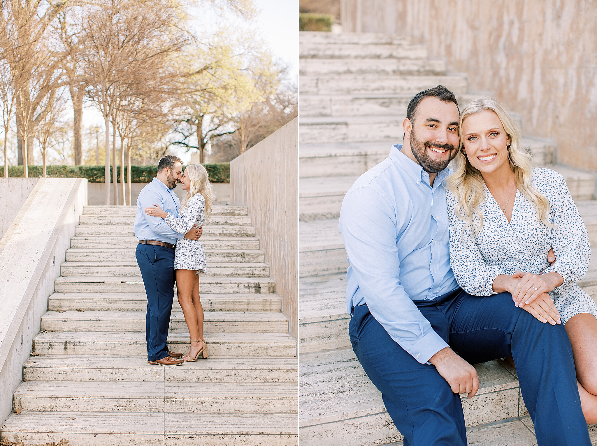 bride and groom sit on steps at Kimball Art Museum during engagement session