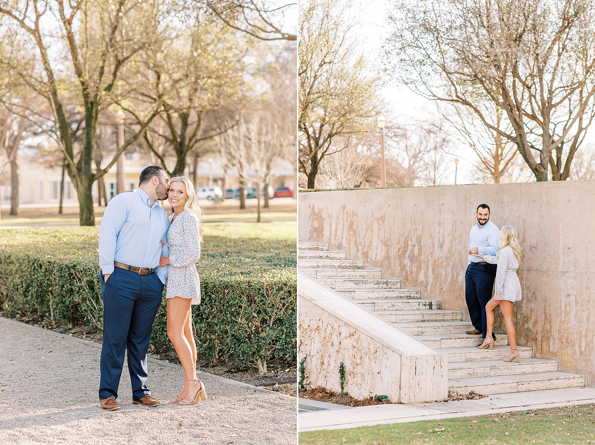 bride and groom walk up steps at Kimball Art Museum